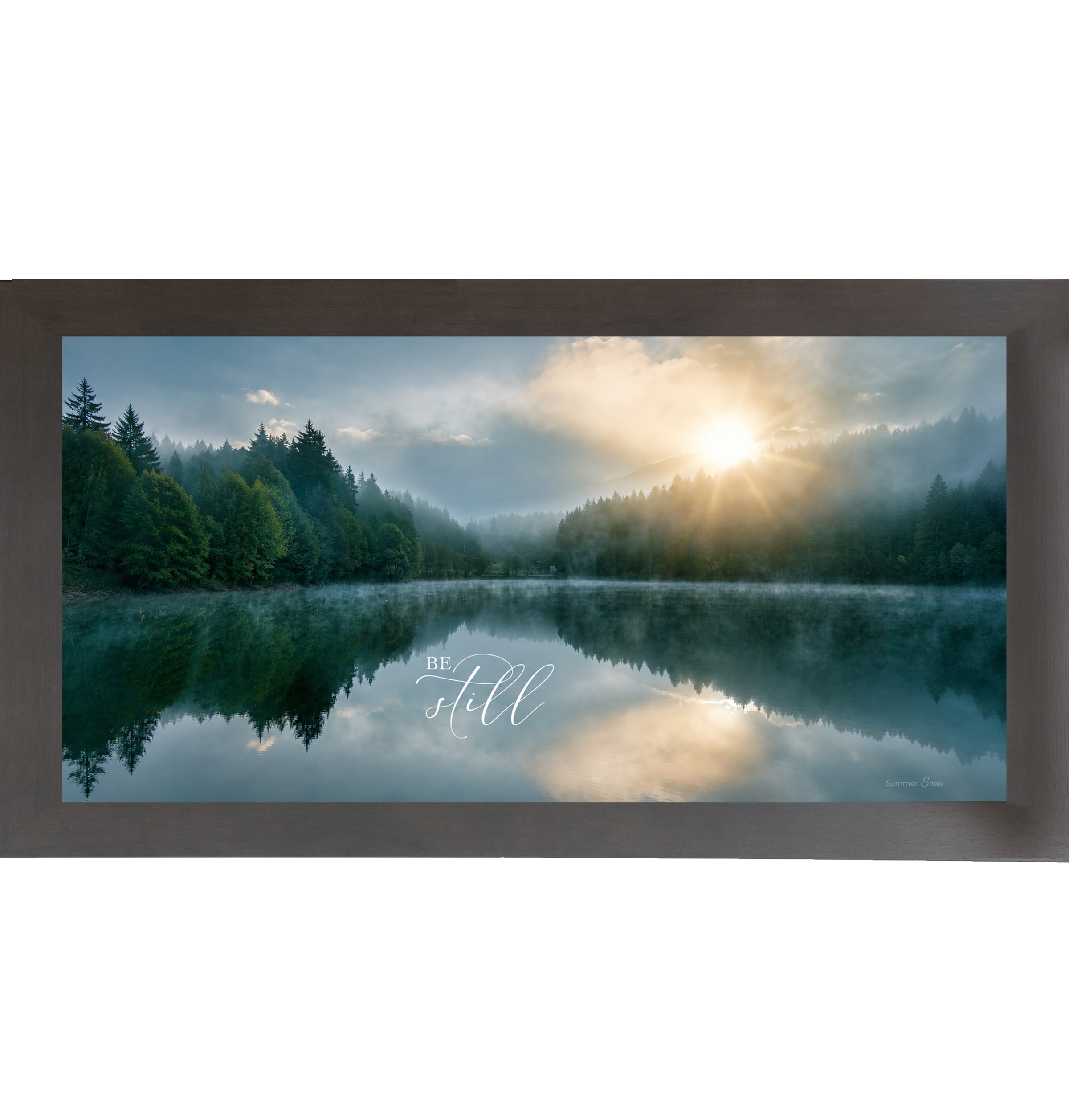 Slatewood framed wide landscape Christian scripture wall art featuring misty lake sunrise with pine forest reflection and golden sun with the words Be Still — SB765
