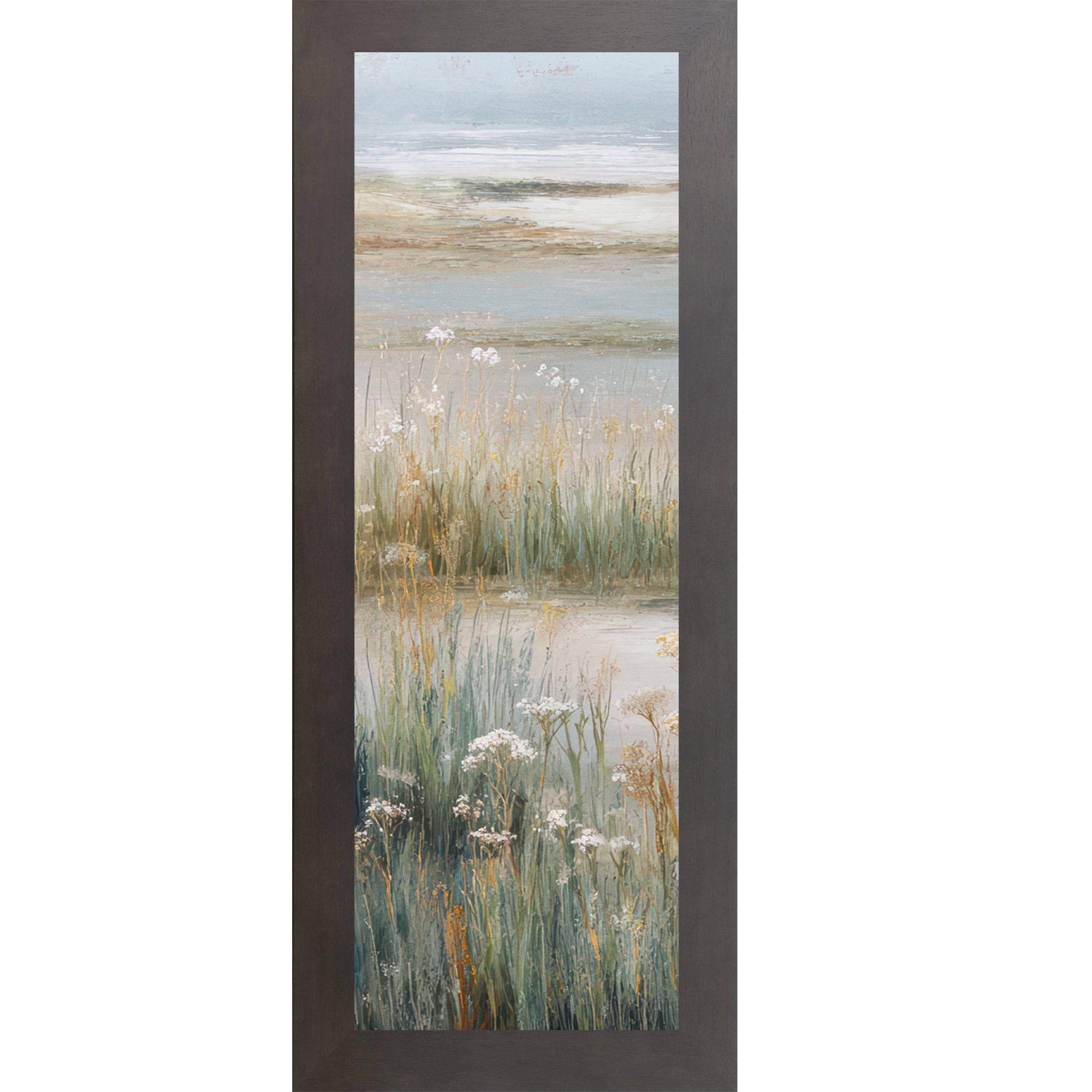 Slatewood framed narrow portrait coastal marsh wall art with dense teal marsh grasses white Queen Anne's Lace wildflowers and misty tidal flat — left panel of coastal triptych