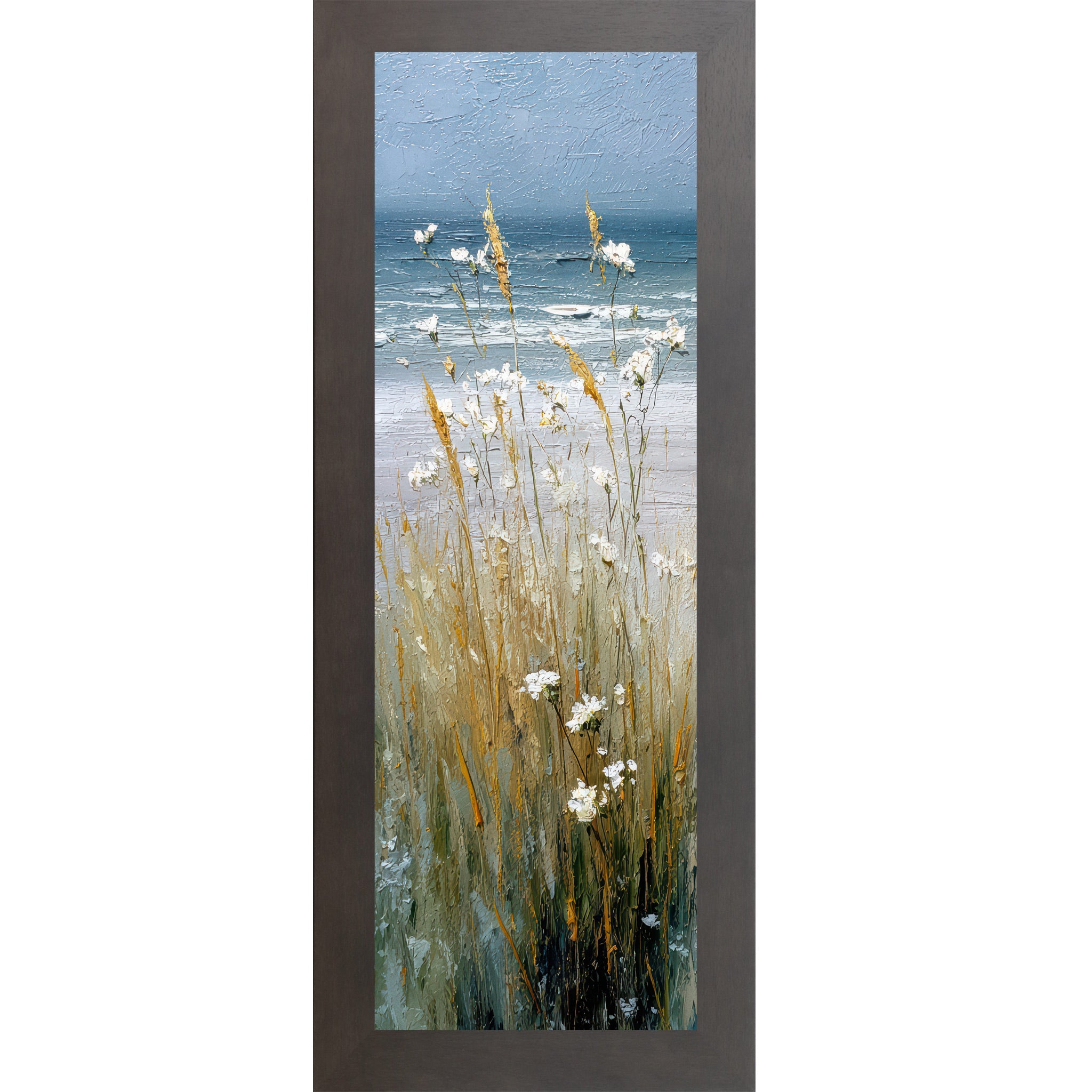 Slatewood framed narrow portrait coastal path center panel wall art featuring golden cattails and white wildflowers against a stormy teal ocean and heavy blue gray sky with no path visible