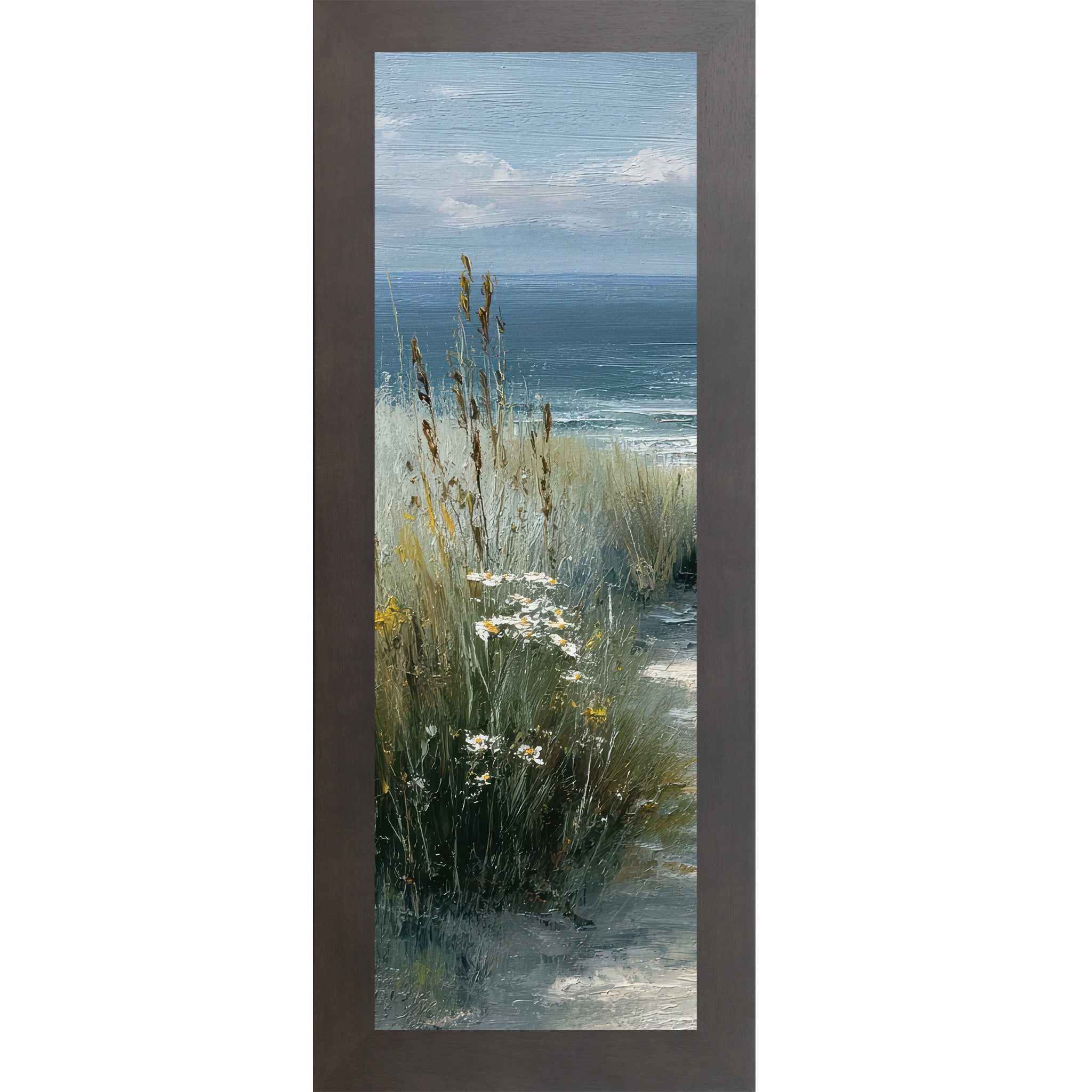 Slatewood framed narrow portrait coastal path left panel wall art featuring tall golden cattails and sea grasses with white daisies and yellow wildflowers and deep teal ocean in the distance
