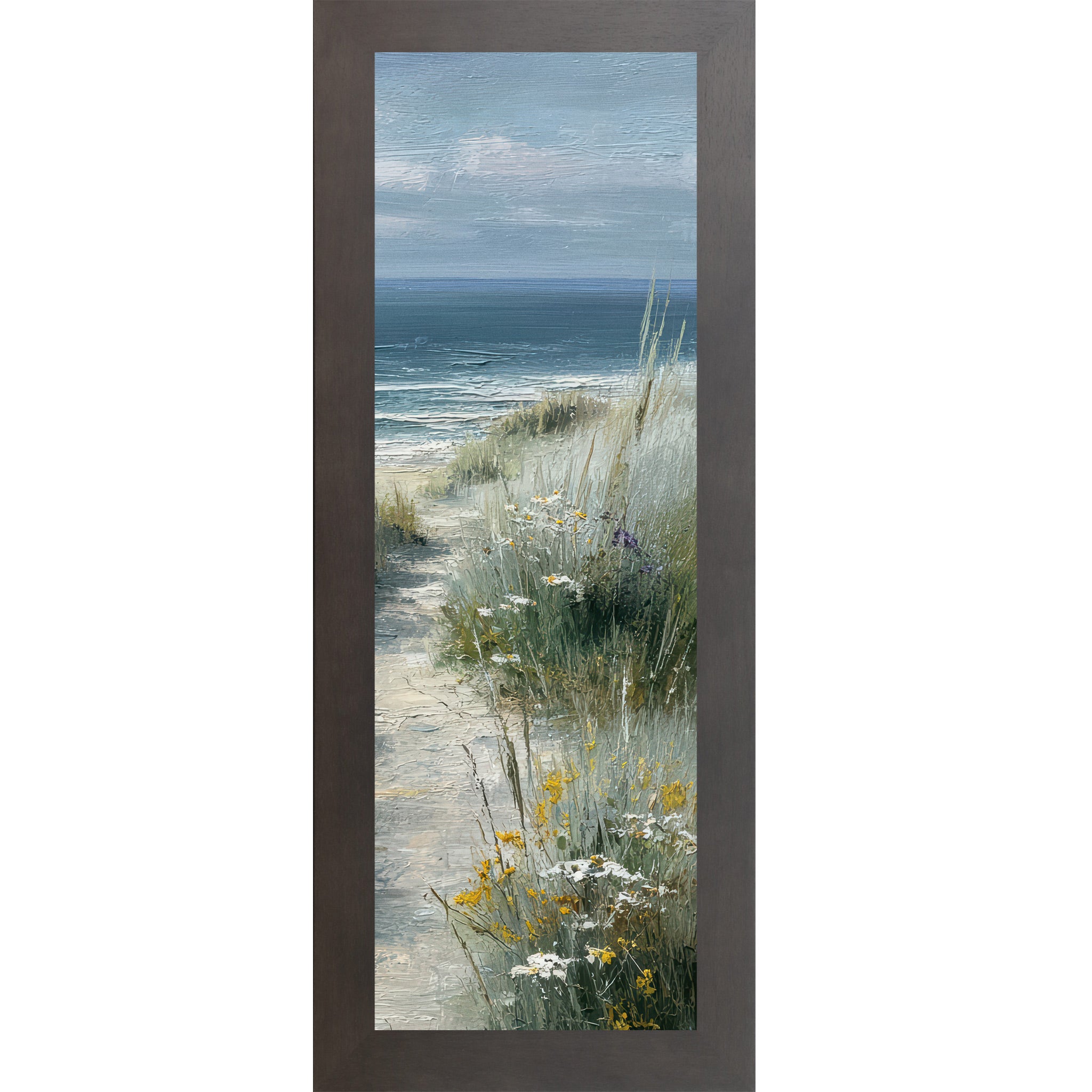 Slatewood framed narrow portrait coastal path right panel wall art featuring a sandy beach path curving right through sea grasses with yellow wildflowers and calm teal ocean under a bright sky