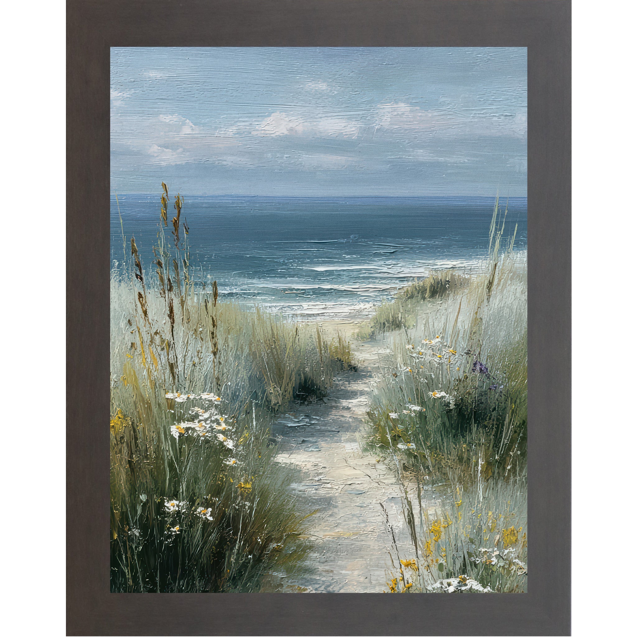 Slatewood framed portrait coastal path wall art featuring a sandy beach path winding through tall sea grasses white daisies and yellow wildflowers toward deep teal ocean waves under a pale blue sky