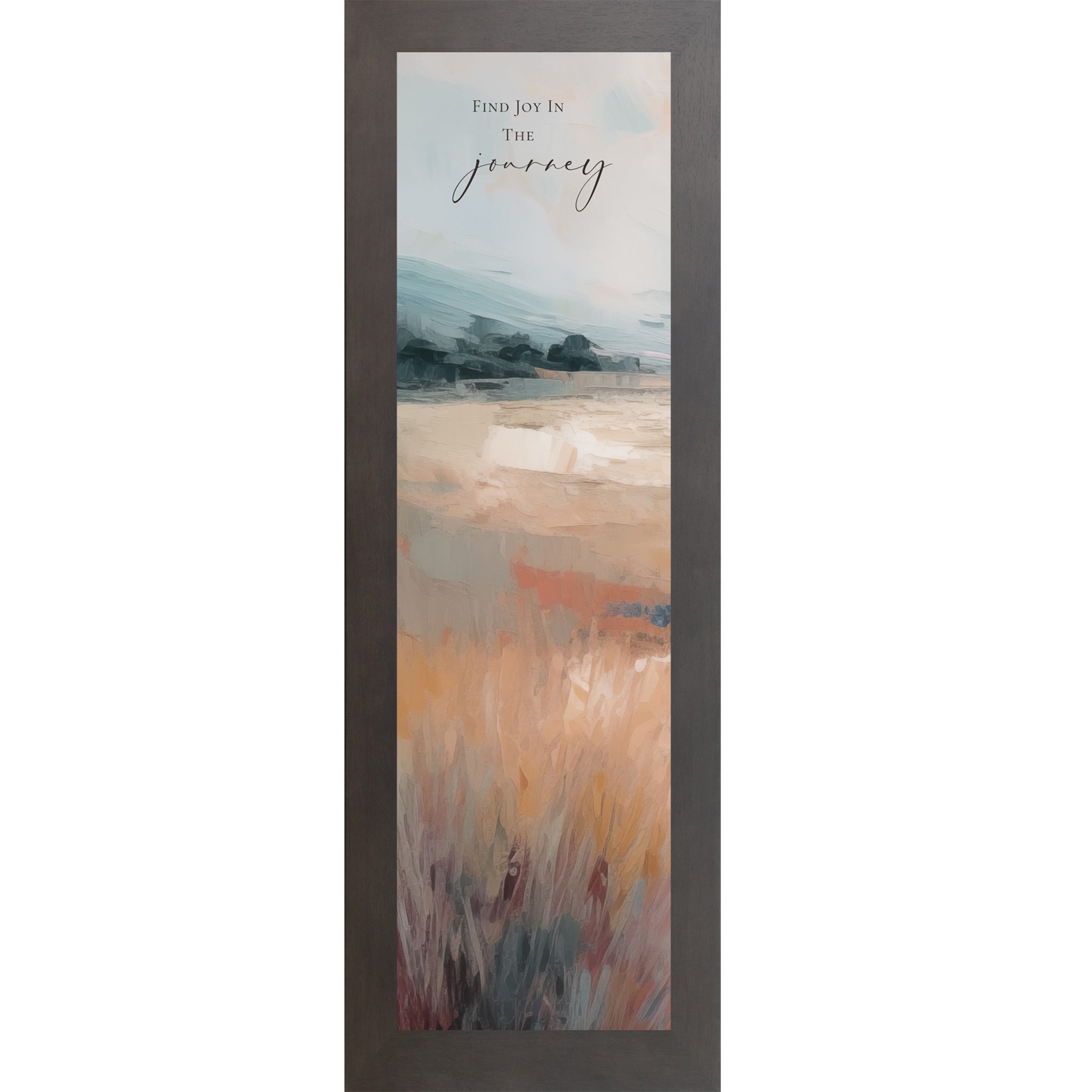 Slatewood framed narrow portrait inspirational wall art with Find Joy In The Journey quote over a terracotta abstract landscape with soft blue-grey sky and warm amber field with burgundy foreground grasses