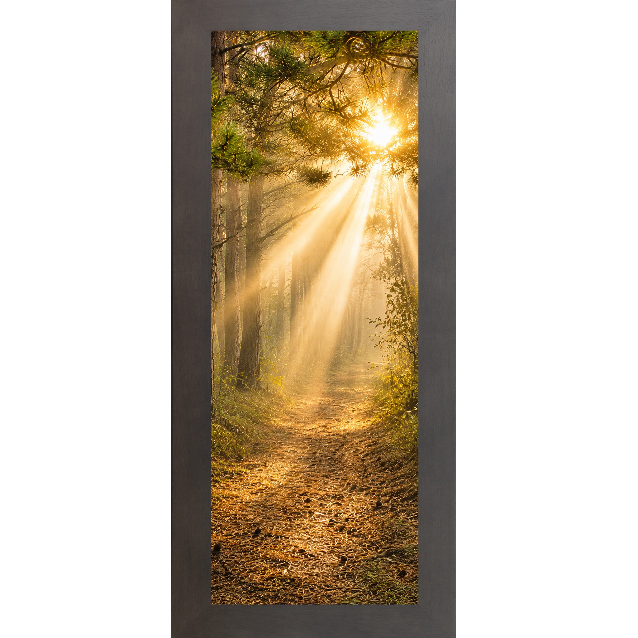 Slatewood framed narrow portrait nature wall art featuring a divine forest path with golden sunlight rays streaming through pine tree canopy toward a glowing sun in warm sacred morning light