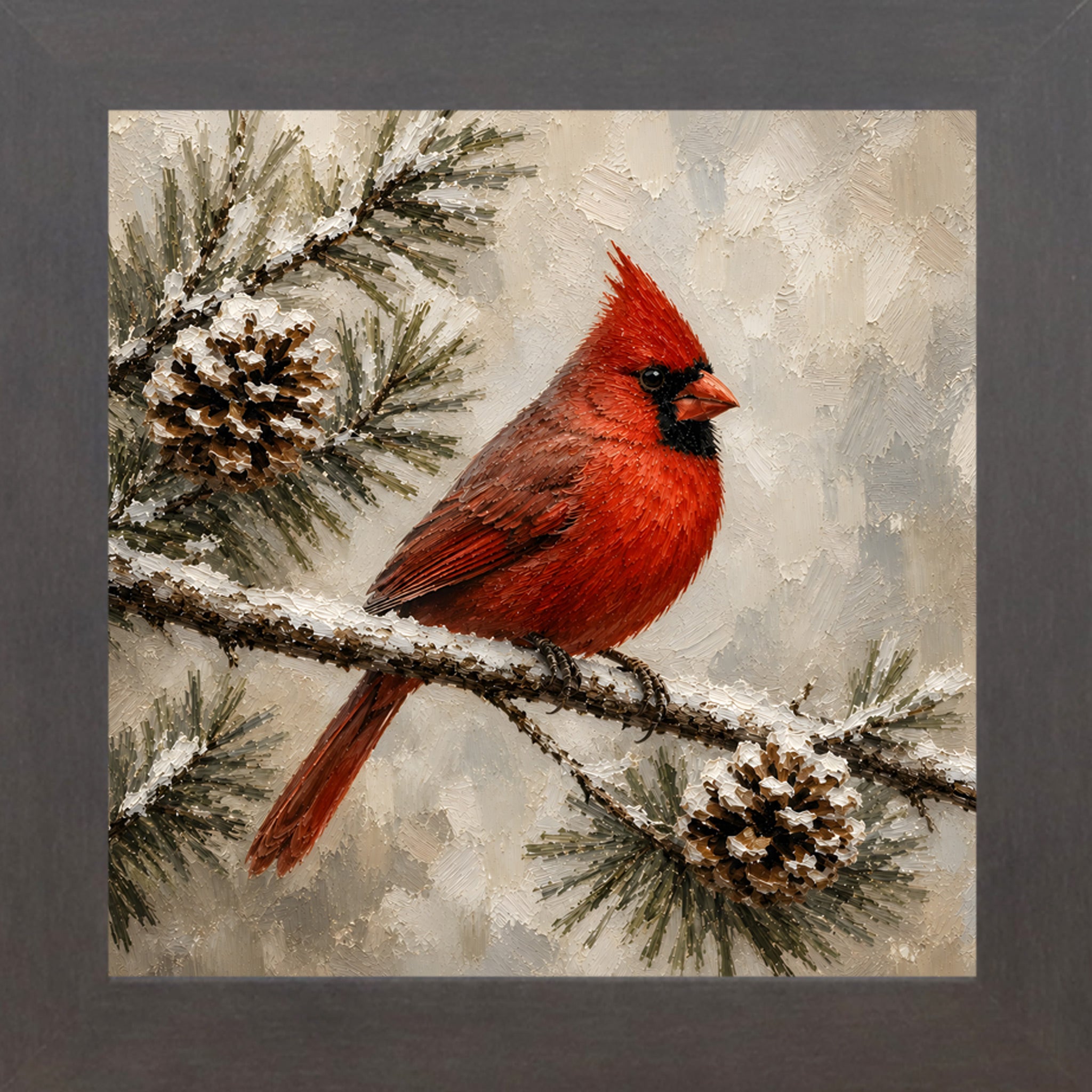 Slatewood framed square painted winter wall art featuring a red cardinal perched on a snowy pine branch with pinecones