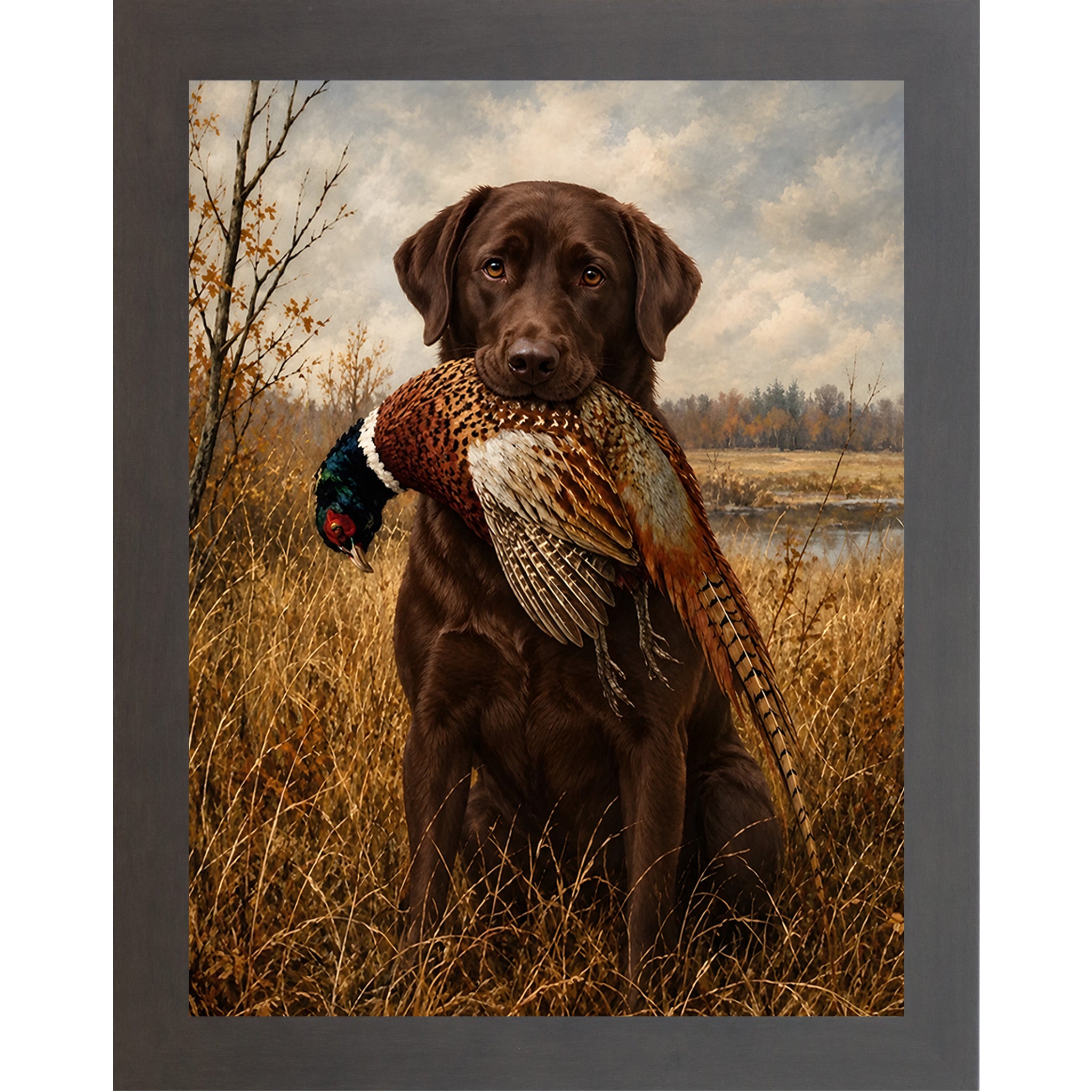 Slatewood framed portrait heritage hunting dog wall art featuring a chocolate Labrador holding a pheasant in a golden autumn field