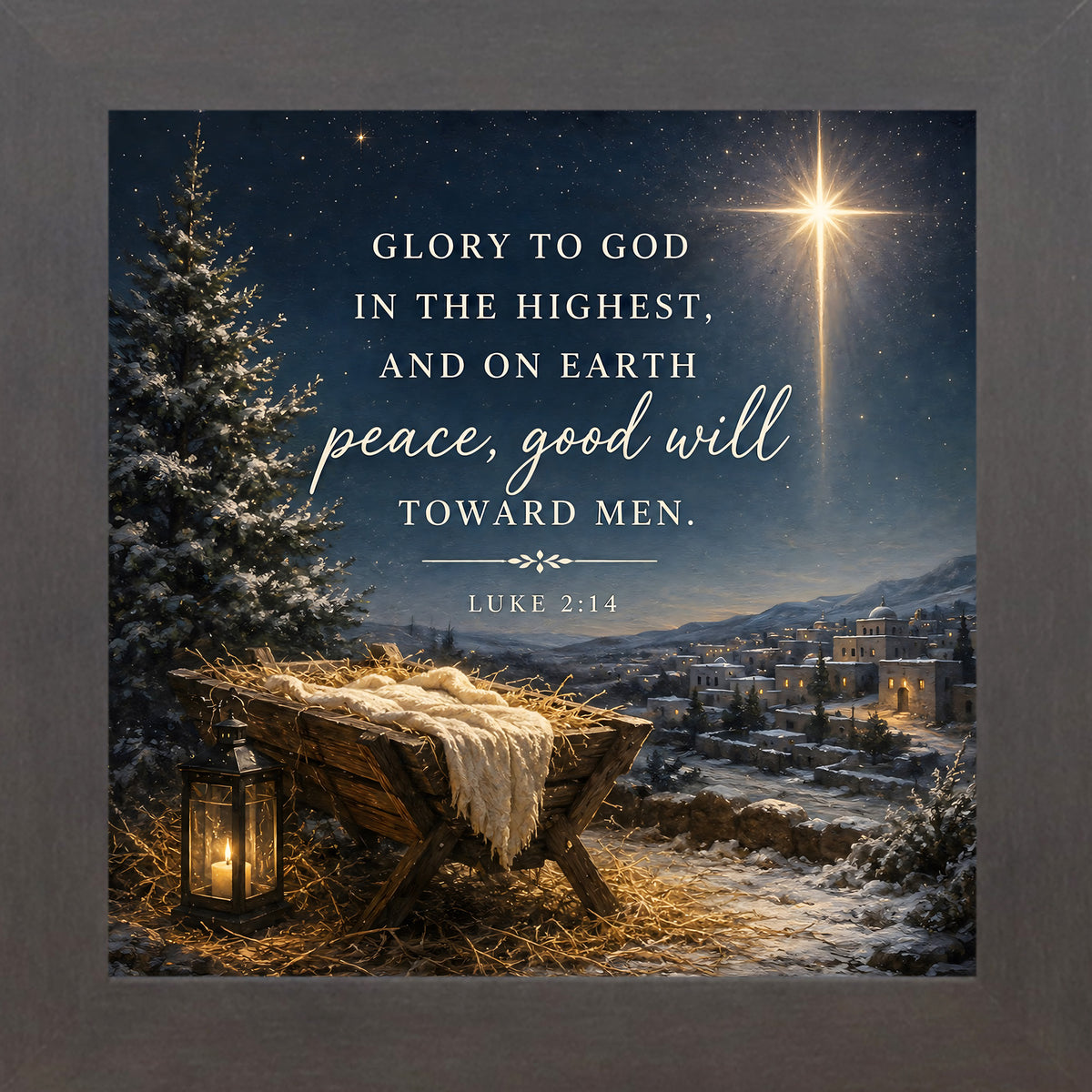 "Glory to God in the Highest nativity wall art in a slatewood frame, featuring Luke 2:14 scripture, starry night sky, and snowy pine tree"