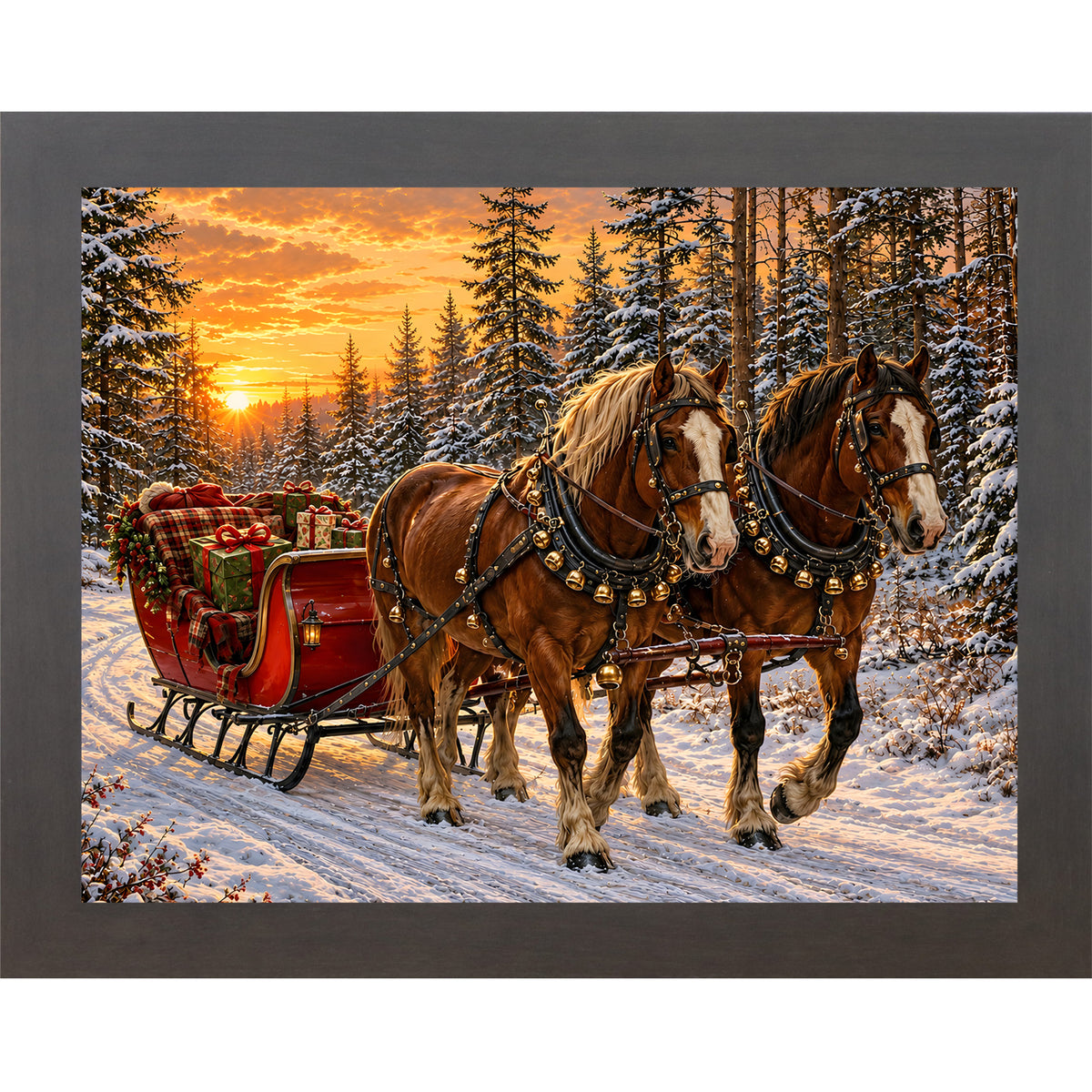 Slatewood framed landscape heritage Christmas wall art featuring two bay draft horses pulling a red sleigh piled with presents through a golden sunset forest