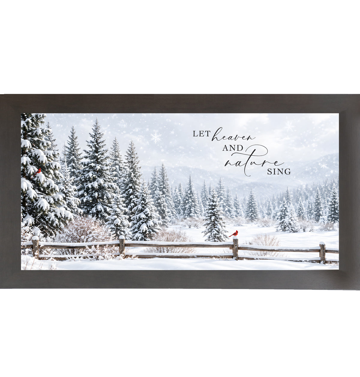 Let Heaven and Nature Sing wall art in slatewood frame, cardinals in snowy pine valley