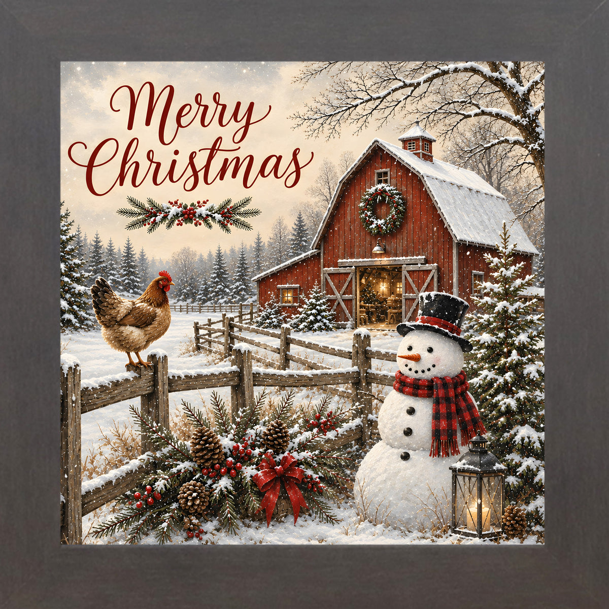 Slatewood framed square Christmas wall art featuring a snowman and hen beside a red barn with the words "Merry Christmas"