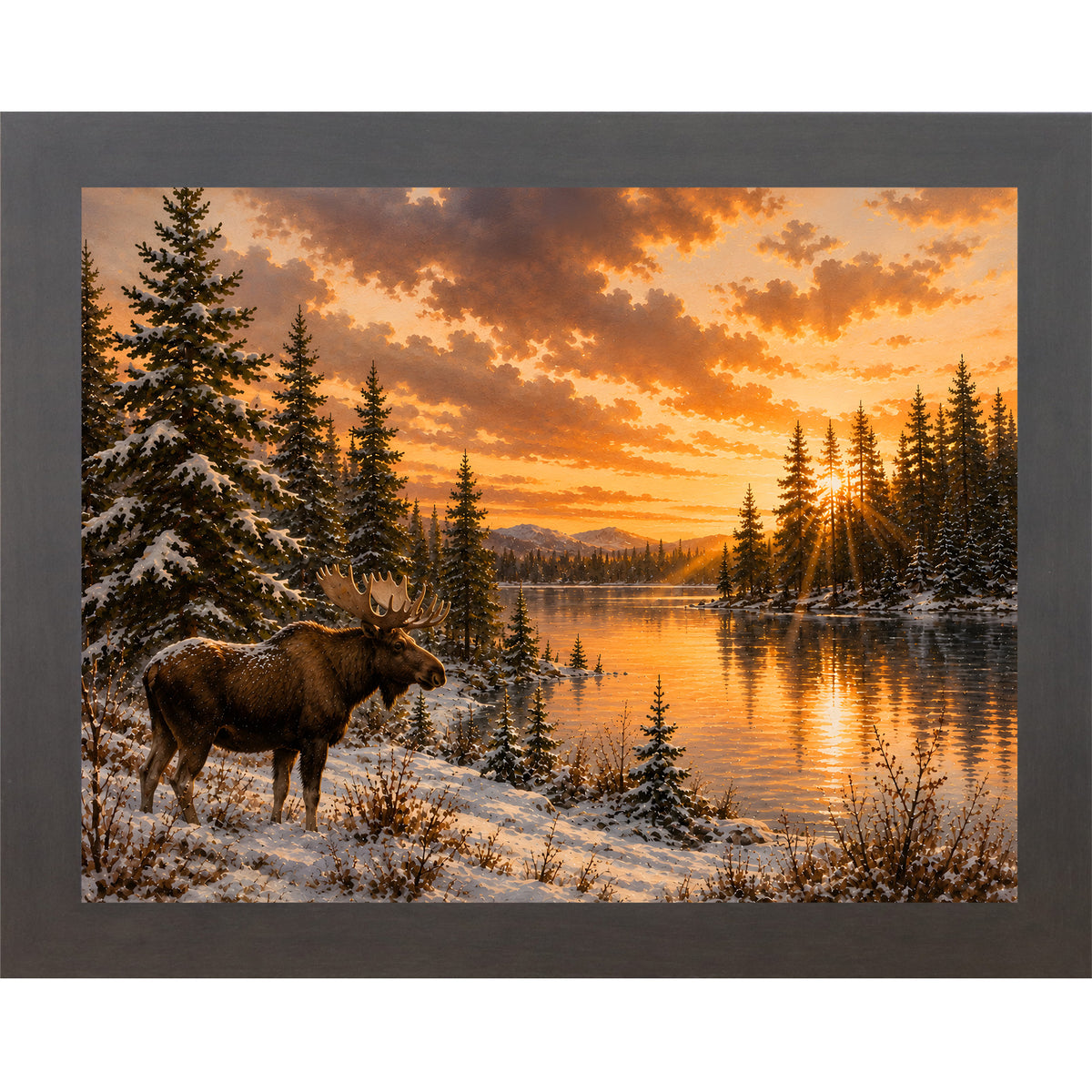 Slatewood framed landscape wall art featuring a moose standing along a sunlit snowy lakeshore at golden hour