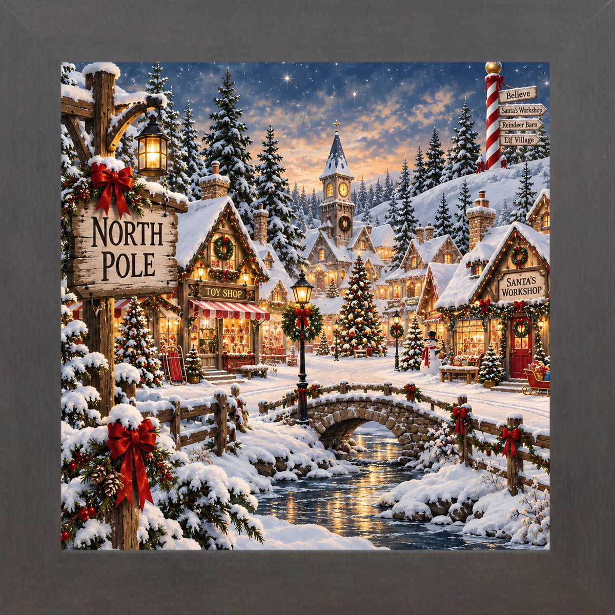 Slatewood framed square North Pole village Christmas wall art with snow-covered shops, a clock tower, and a stone bridge at twilight