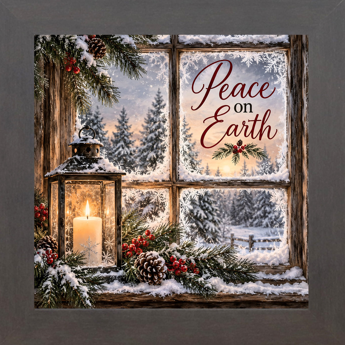 Peace on Earth wall art in slatewood frame, snowy window candle scene