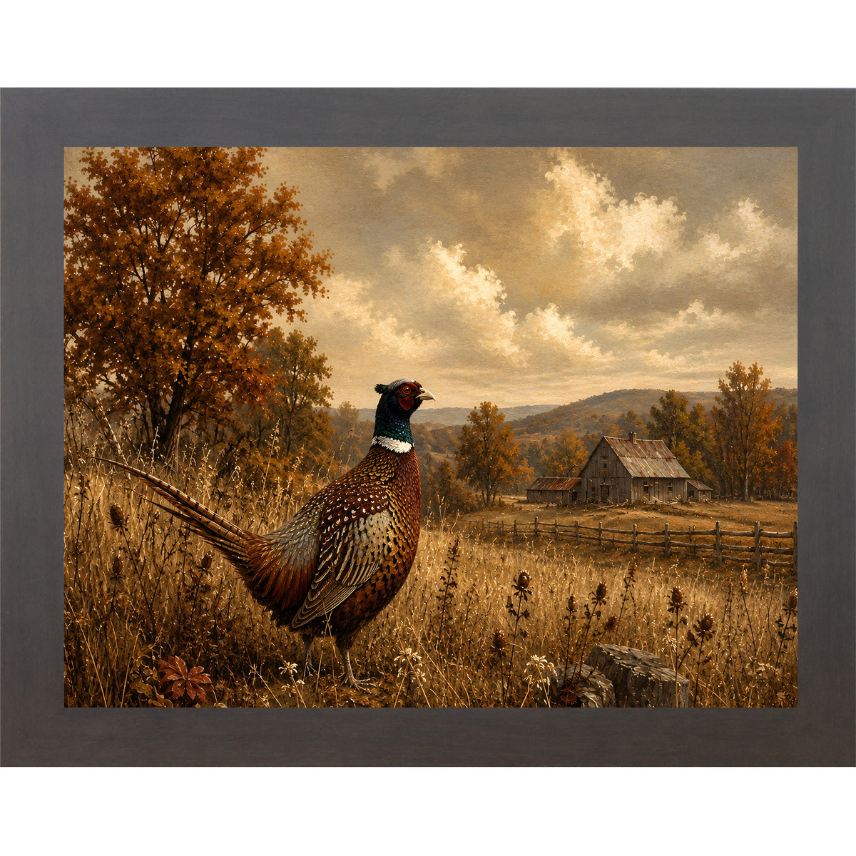 Slatewood framed landscape vintage sporting wall art featuring a ring-necked pheasant standing in a golden autumn field with a barn in the distance