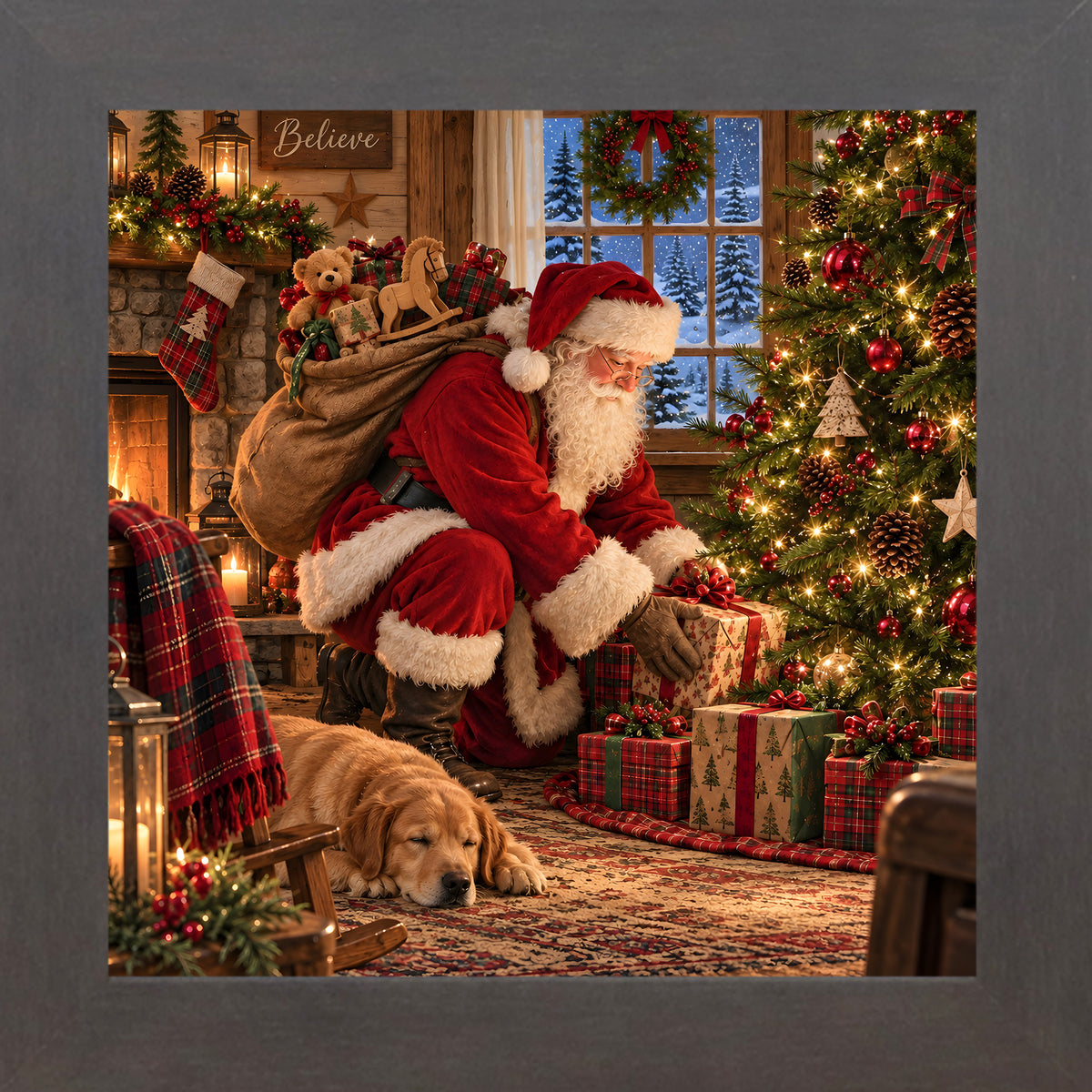Slatewood framed square Santa Claus Christmas wall art featuring Santa delivering presents beside a tree with a sleeping golden retriever puppy