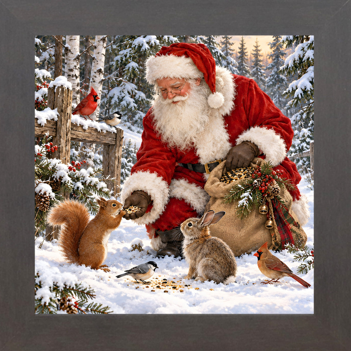 Slatewood framed square Santa Claus Christmas wall art featuring Santa feeding a squirrel, rabbit, chickadee, and cardinal in a snowy forest
