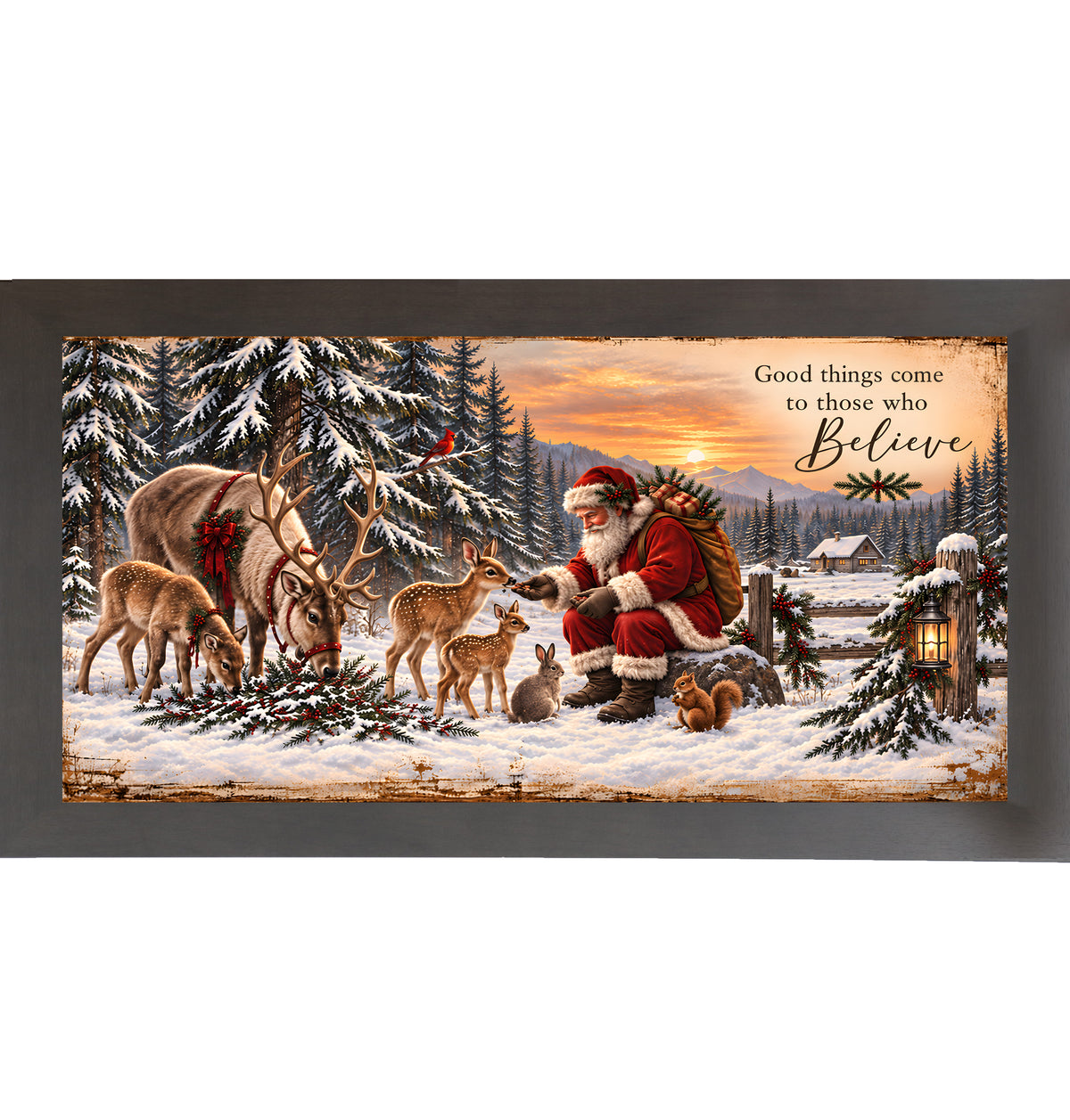 Santa feeding the animals wall art in slatewood frame, Santa feeding fawns and rabbit in snow