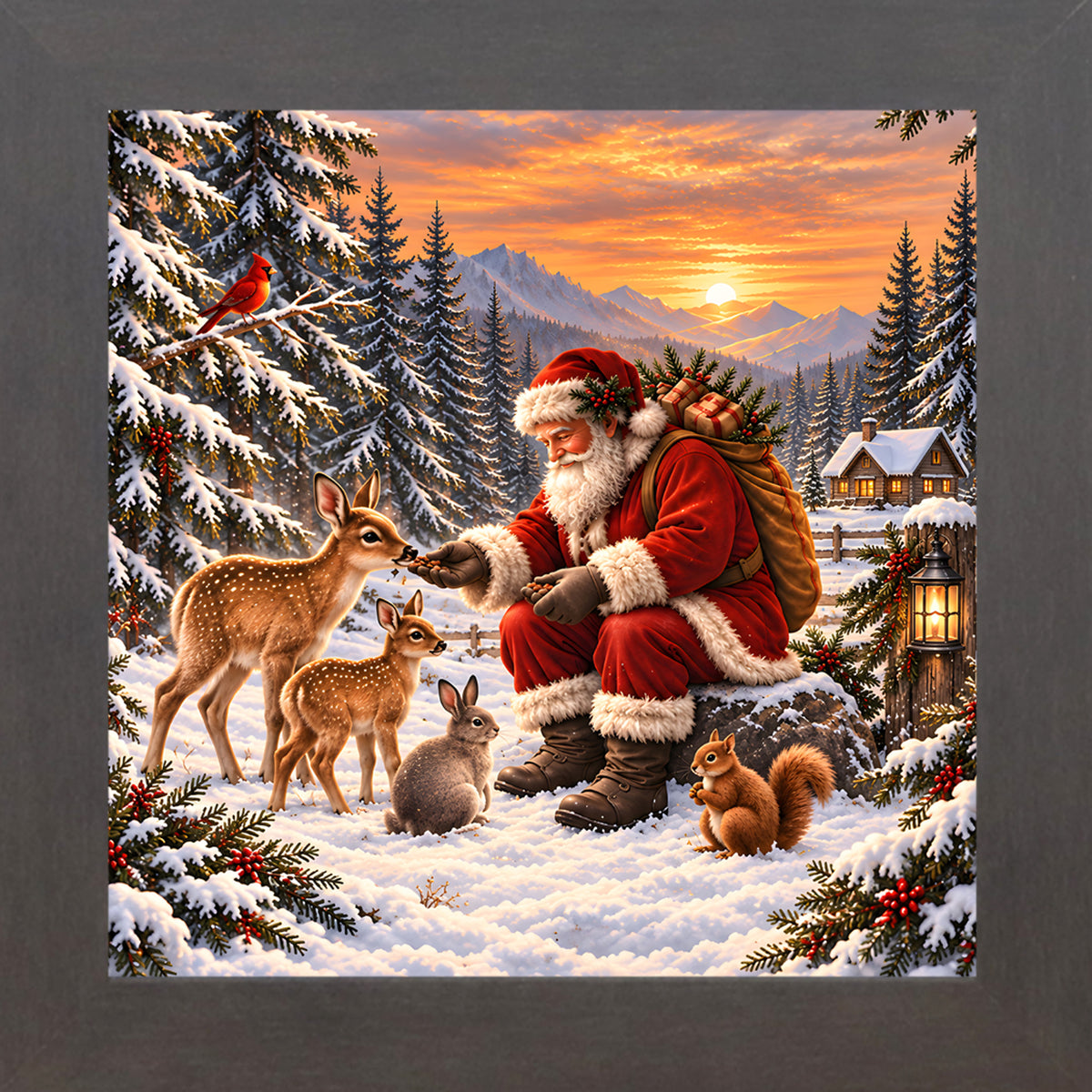 Santa feeding forest animals wall art in slatewood frame, Christmas village sunset