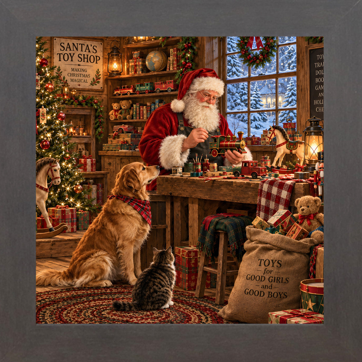 Slatewood framed square Santa's toy shop Christmas wall art featuring Santa building toys with a golden retriever and cat watching