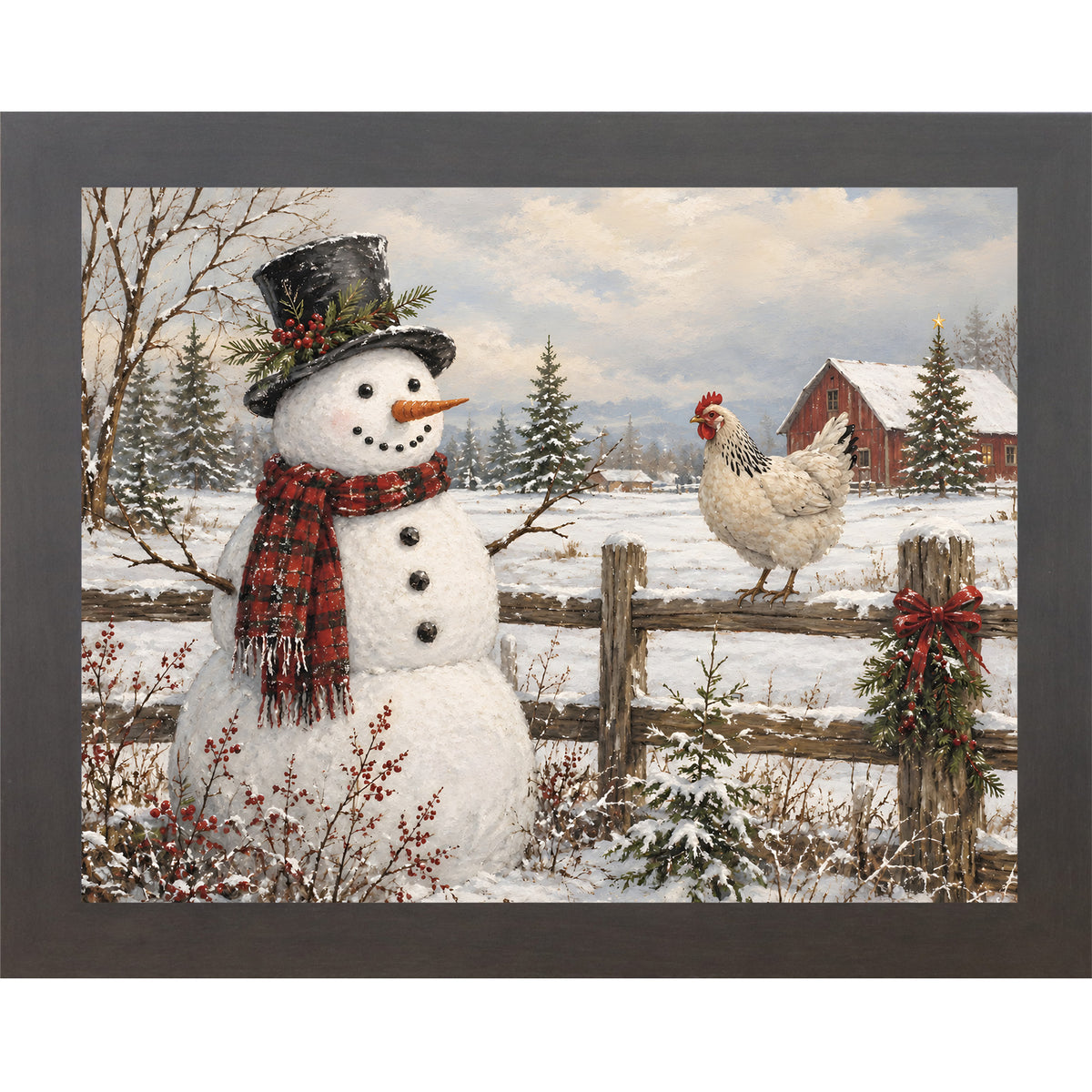 Slatewood framed landscape rural winter wall art featuring a snowman in a top hat and a hen perched on a fence in front of a red barn