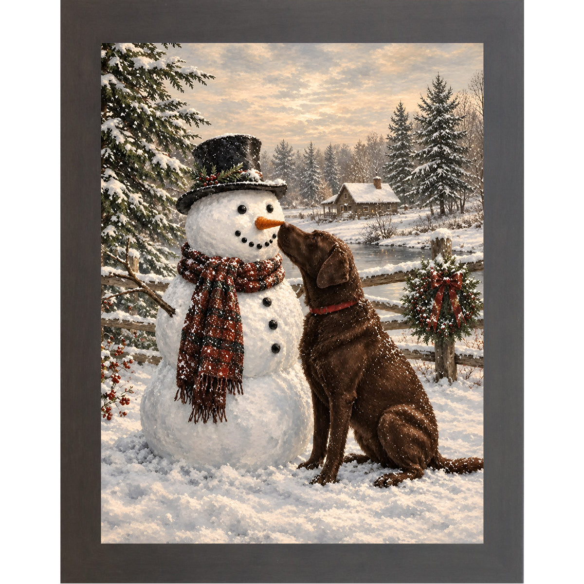 Slatewood framed portrait heritage Christmas wall art featuring a chocolate Labrador nosing a top-hatted snowman in a plaid scarf against a snowy countryside scene