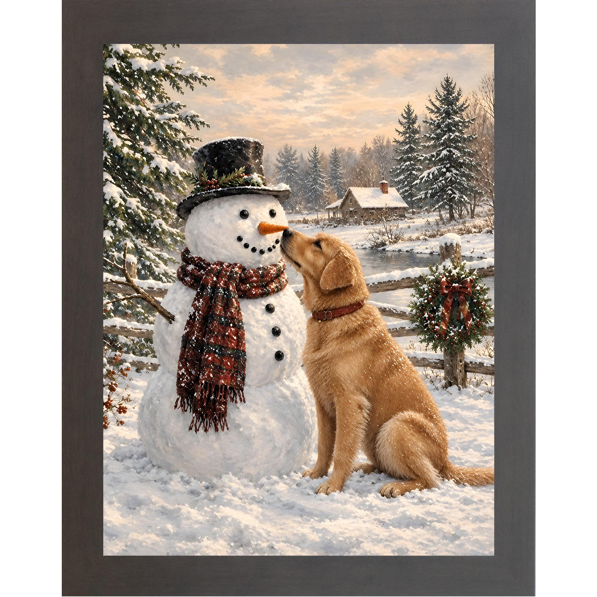 Slatewood framed portrait heritage Christmas wall art featuring a golden retriever nosing a top-hatted snowman in a plaid scarf against a snowy countryside scene