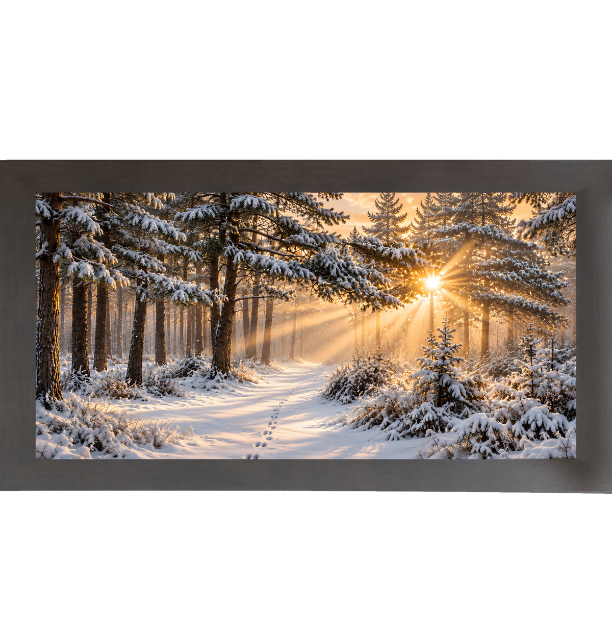 Snowy forest sunrise wall art in a slatewood frame, snowy pine trees with sunrise glow