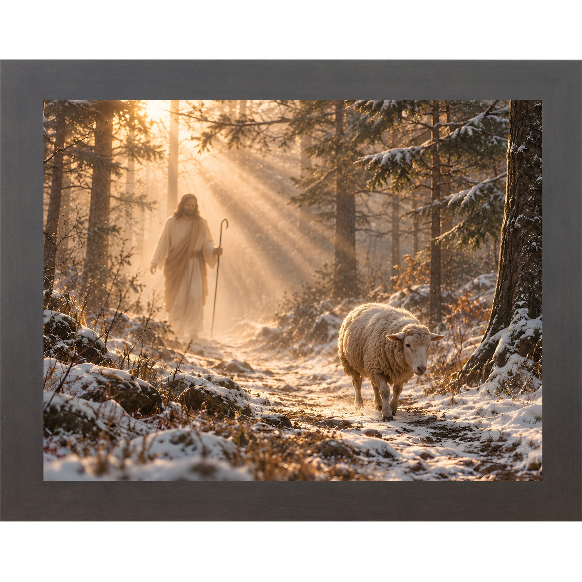 Slatewood framed landscape Christian wall art featuring Christ walking a snow-covered forest path with a sheep following behind