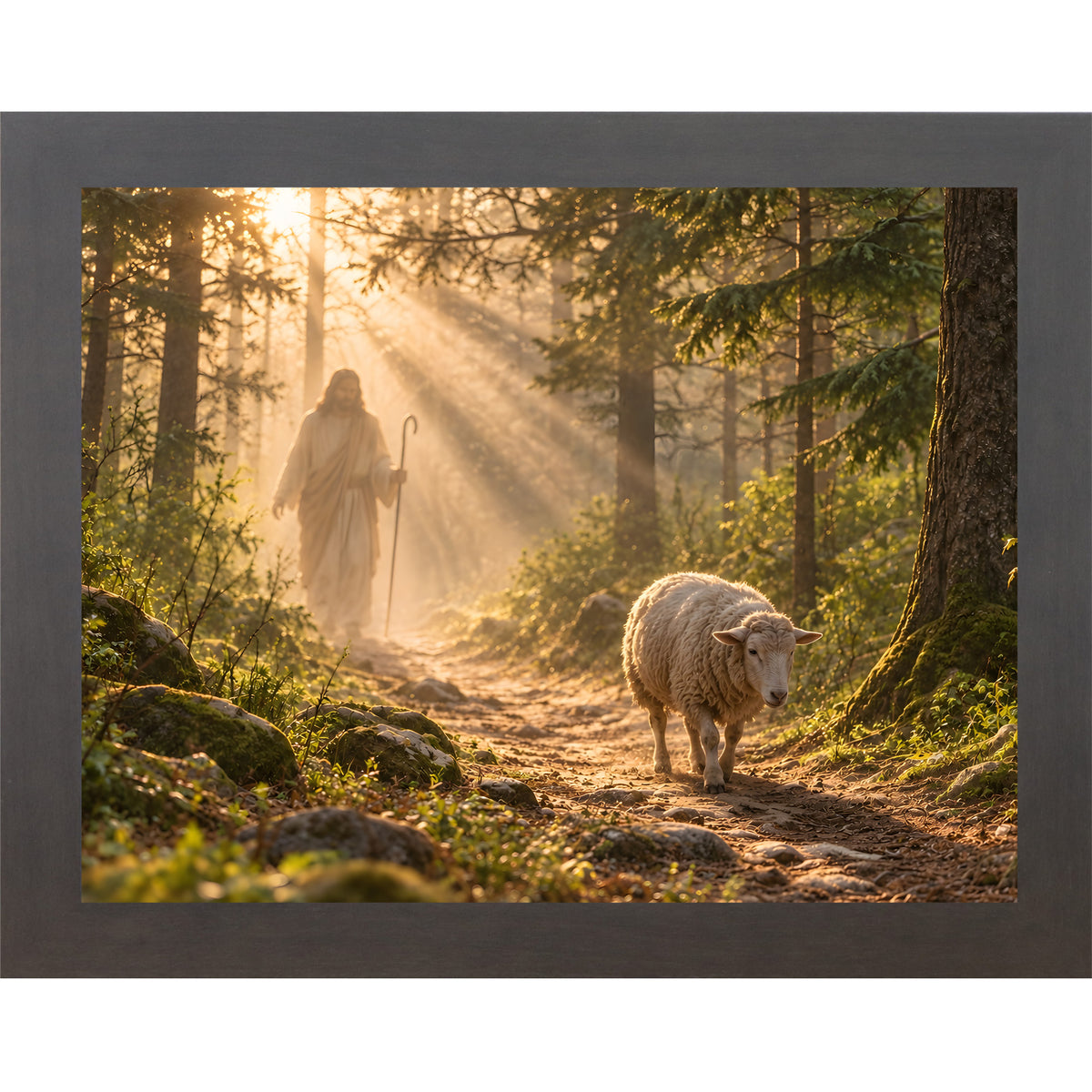 Slatewood framed landscape Christian wall art featuring Christ walking a sunlit forest path with a sheep following behind