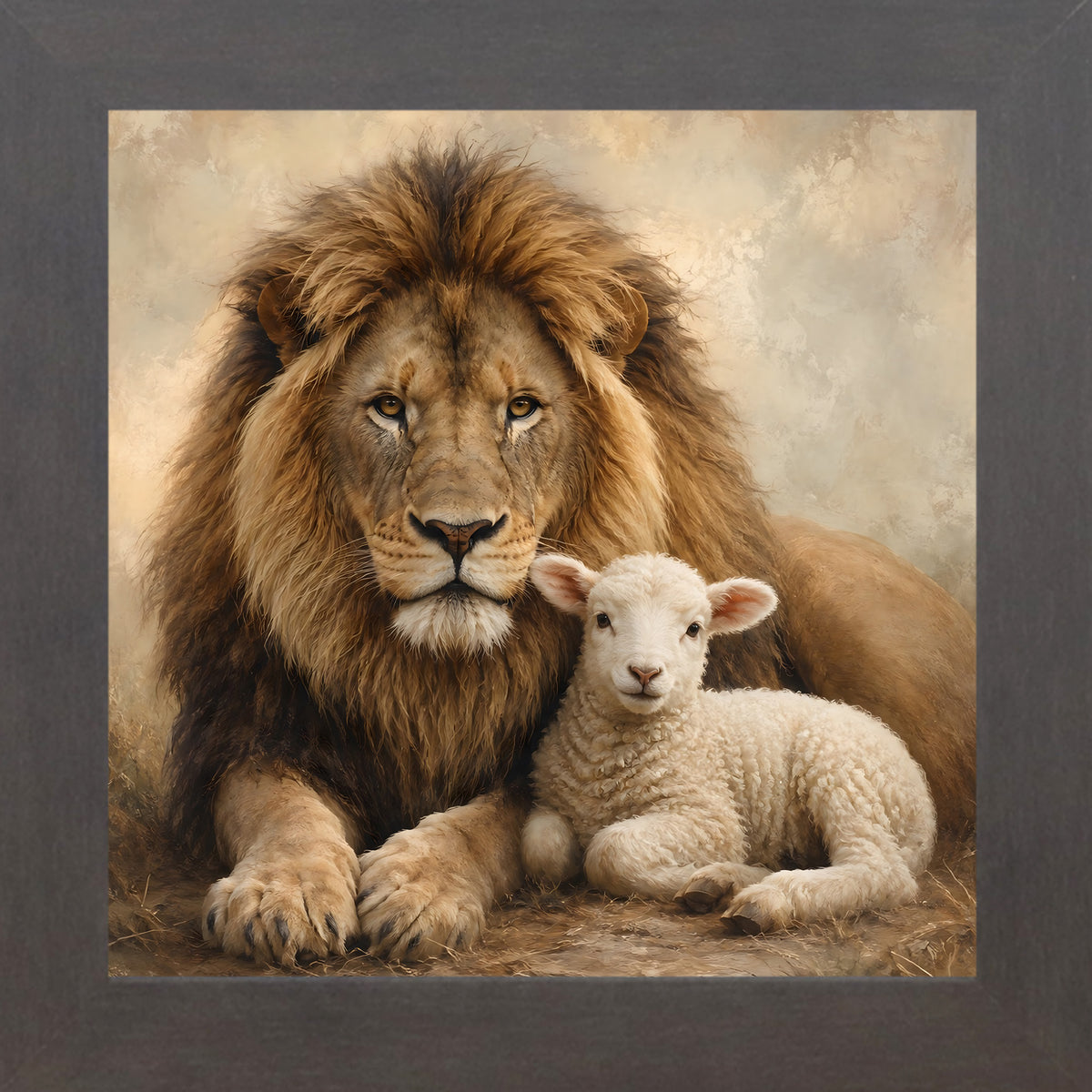 Slatewood framed square Christian wall art featuring a majestic lion resting protectively beside a peaceful lamb
