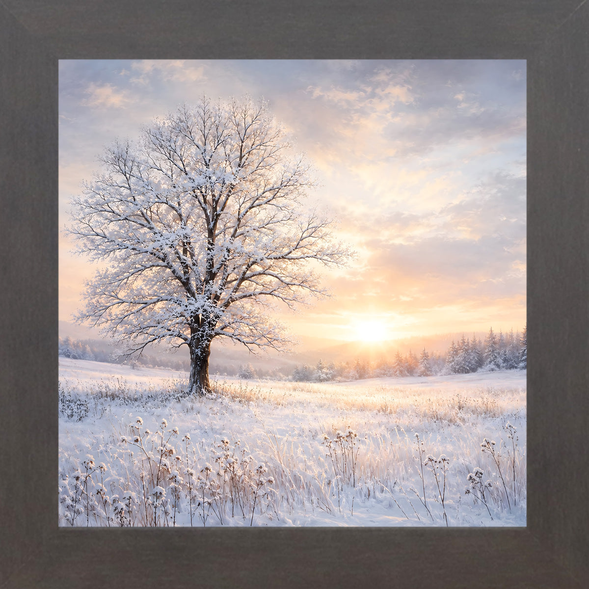 Slatewood framed square winter wall art featuring a snow-dusted tree against a glowing sunset over a snowy field