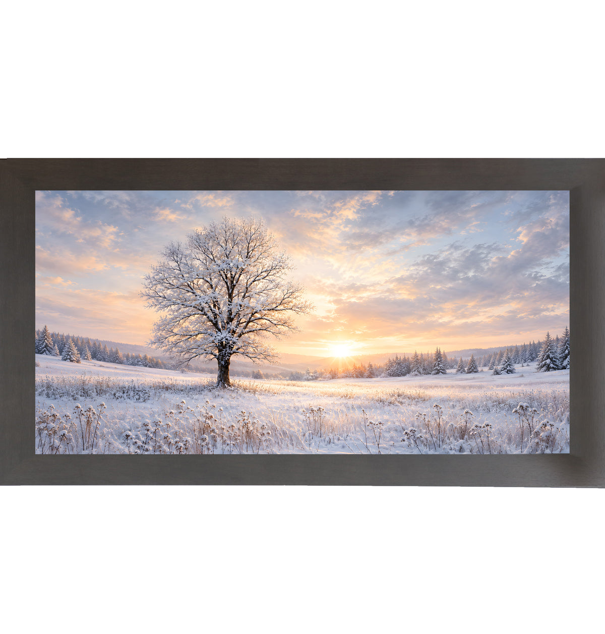 Slatewood framed wide panoramic winter wall art featuring a snow-dusted tree against a glowing sunset stretching across a snowy field