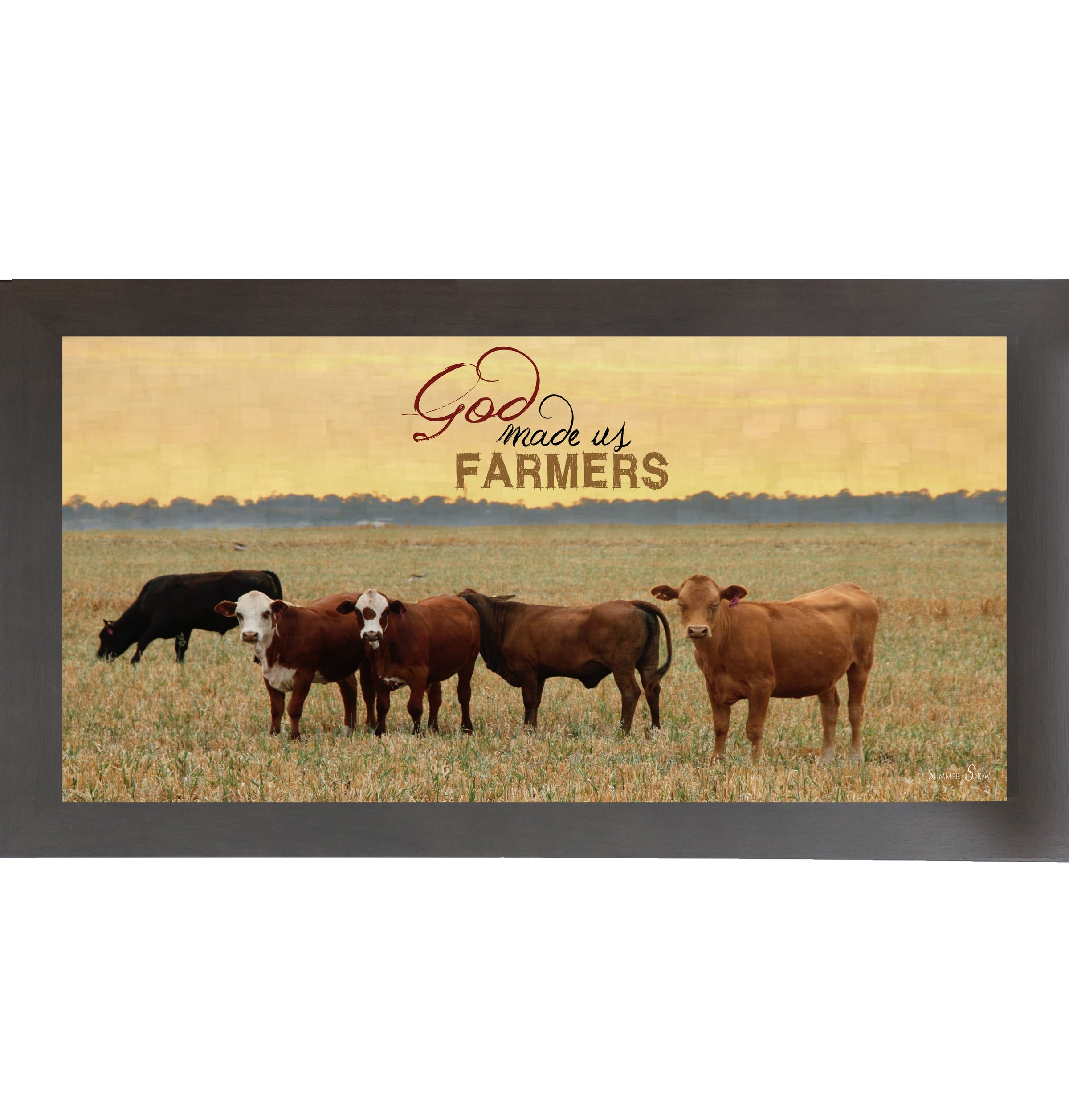 Slatewood framed wide panoramic farmhouse wall art featuring cattle grazing in a golden sunset field with pallet wood background and the words God Made Us Farmers