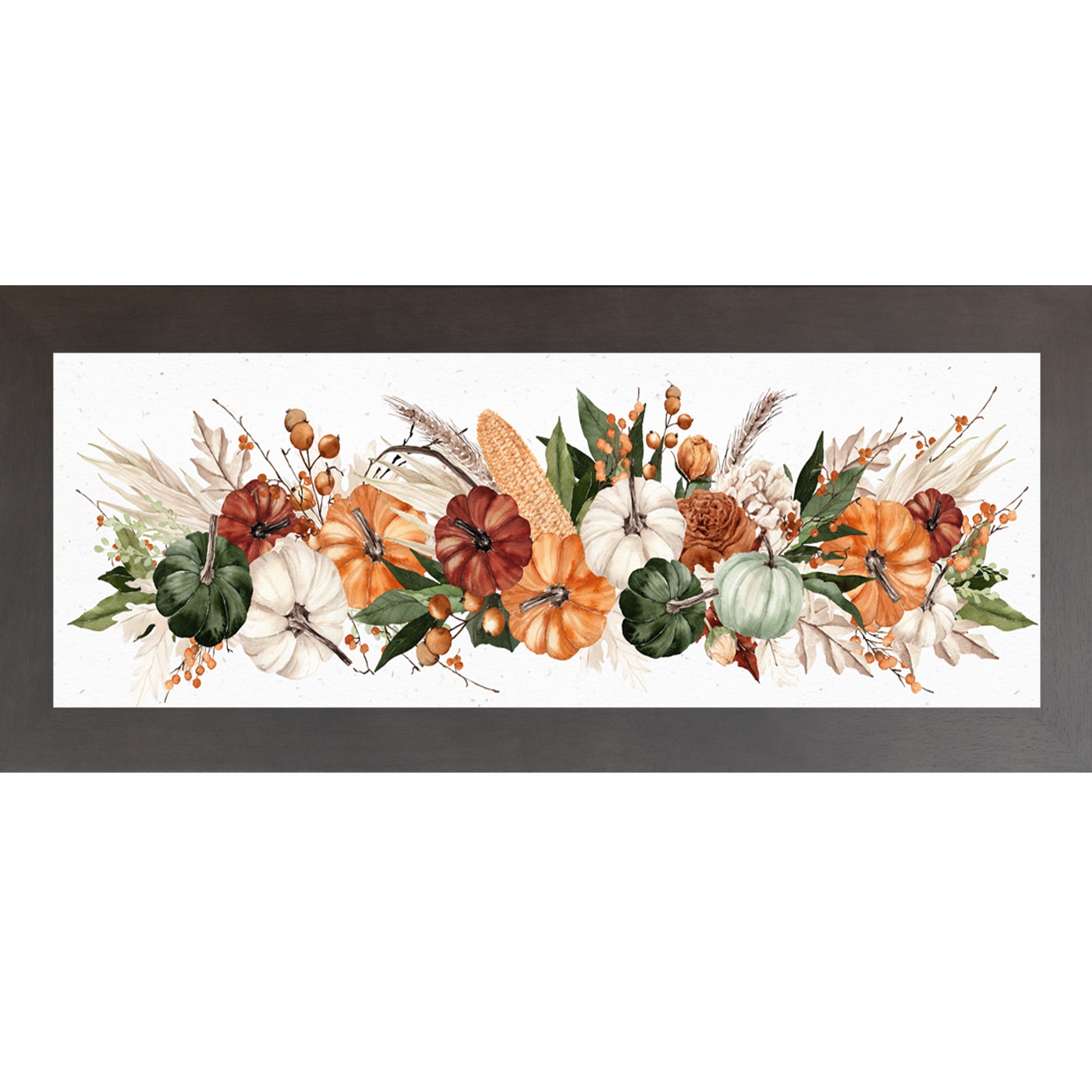 Slatewood framed wide landscape harvest wall art featuring panoramic watercolor autumn pumpkins corn wheat berries and dried florals — Harvest Wide Landscape SB949