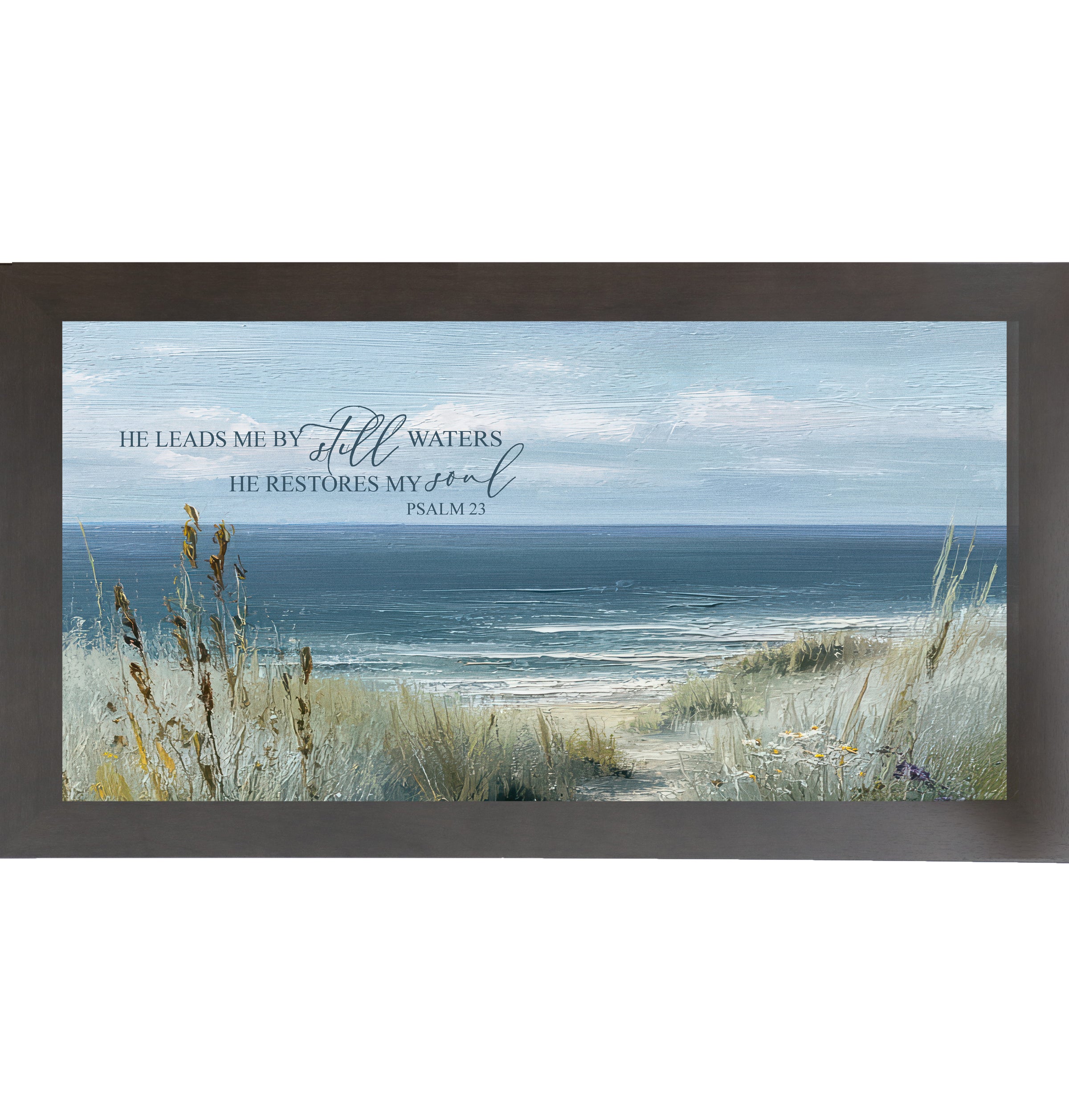 Slatewood framed wide landscape Christian coastal wall art featuring a sandy beach path through golden cattails and sea grasses to the teal ocean with the scripture He Leads Me By Still Waters He Restores My Soul Psalm 23