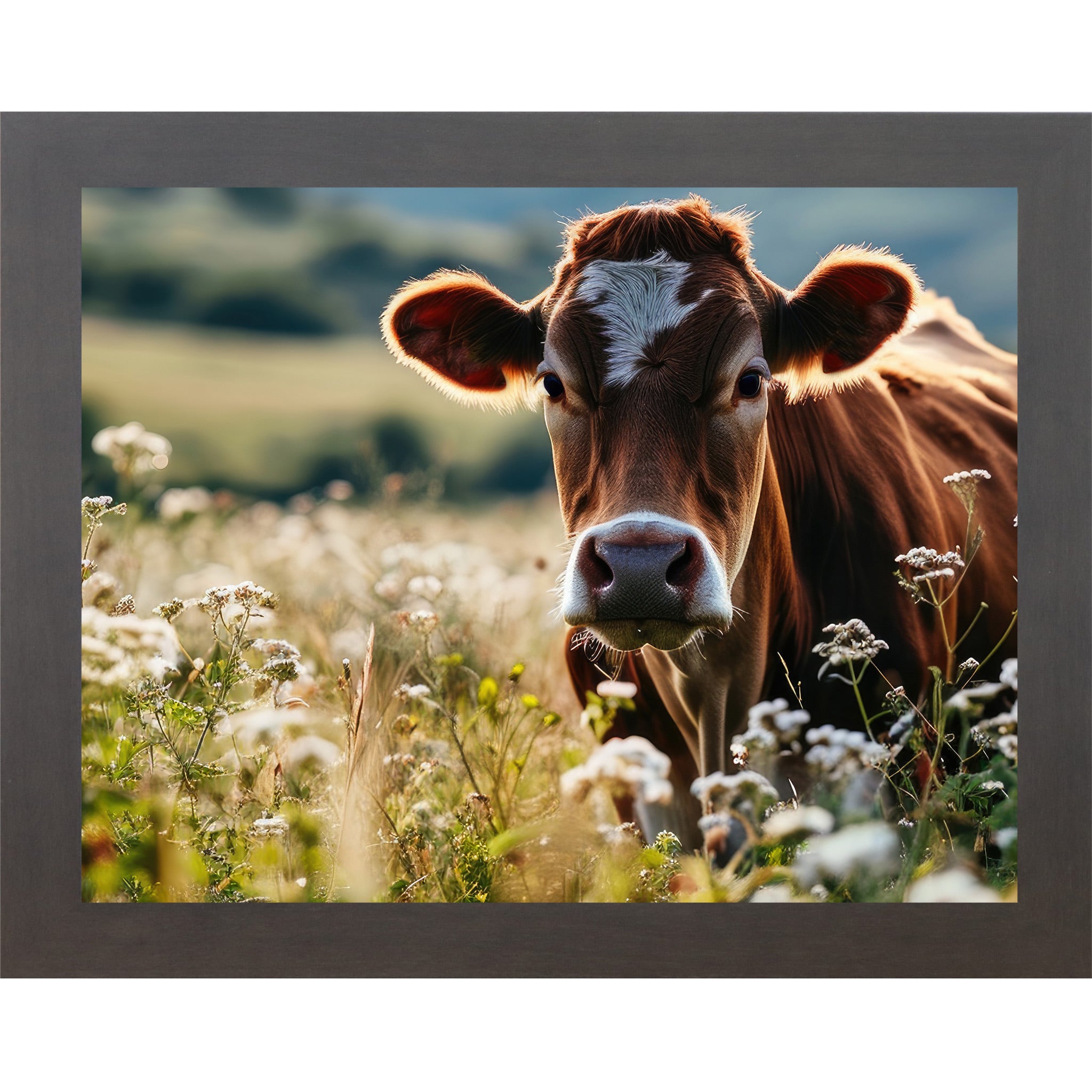Slatewood framed horizontal farmhouse wall art featuring a close-up Jersey cow surrounded by white wildflowers in a sunny meadow with rolling green hills