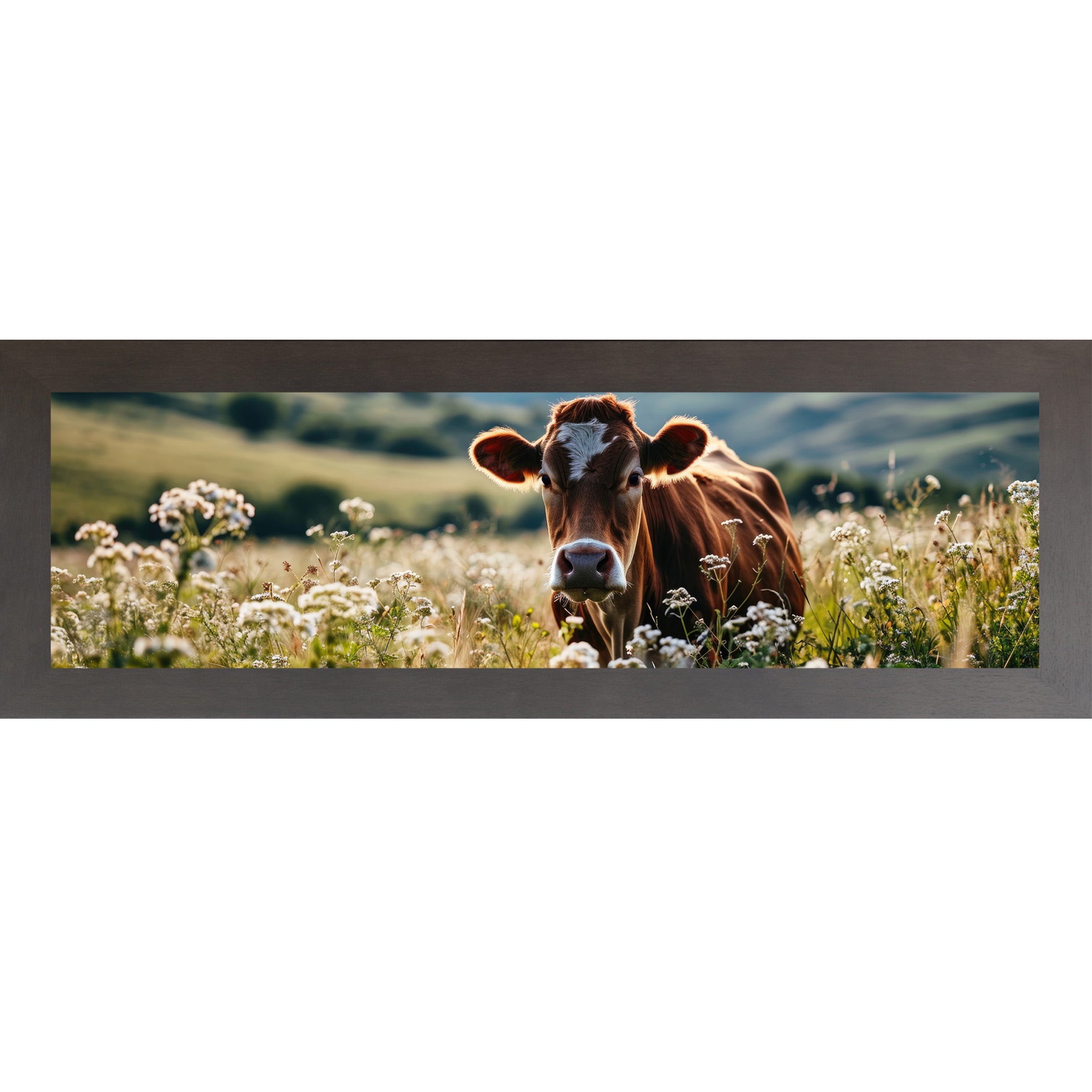 Slatewood framed wide panoramic farmhouse wall art featuring a Jersey cow surrounded by white wildflowers in a sunny meadow with rolling green hills in the background