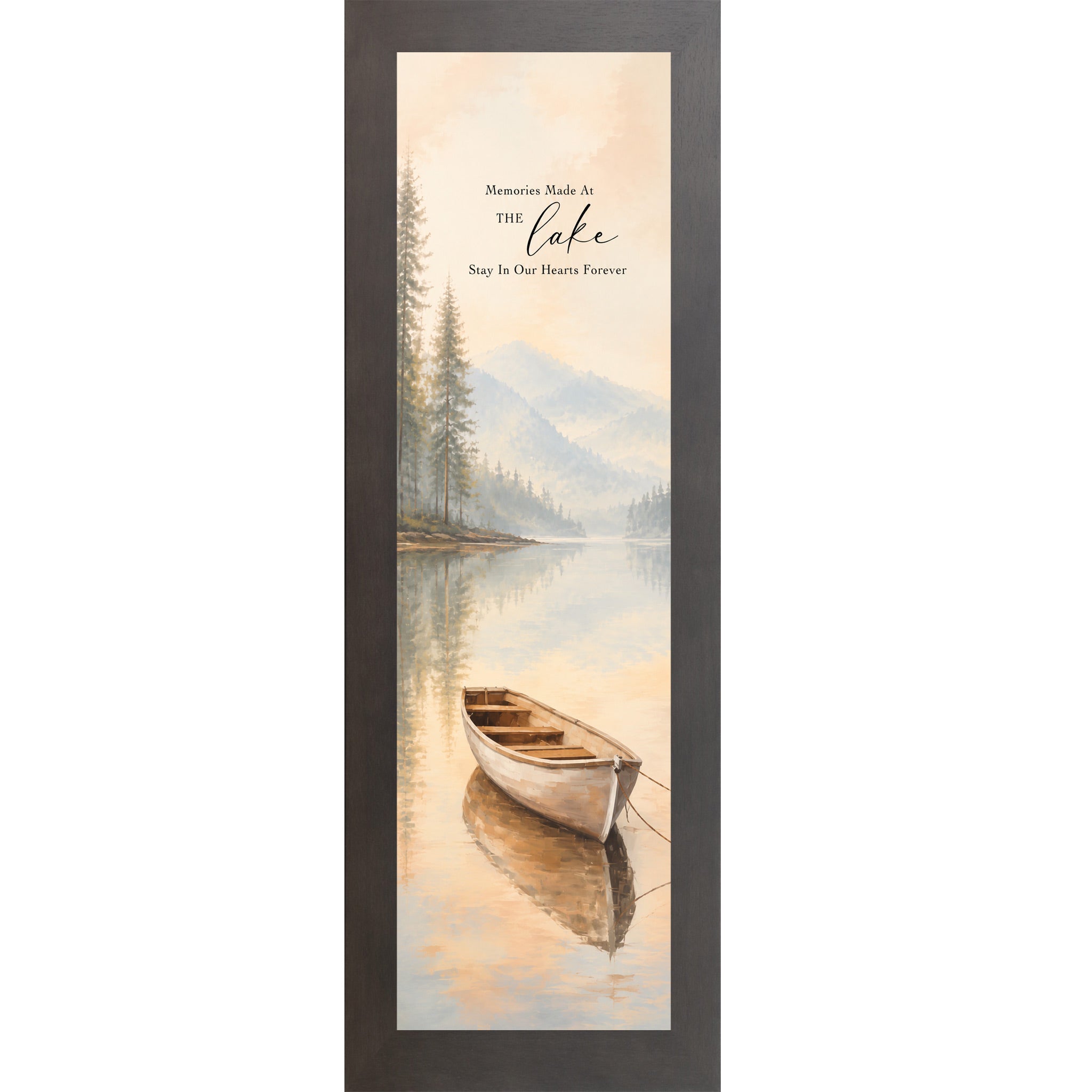 Slatewood framed narrow portrait lake house wall art featuring a watercolor rowboat on misty reflective water with pine trees and mountain backdrop with the words Memories Made At The Lake Stay In Our Hearts Forever