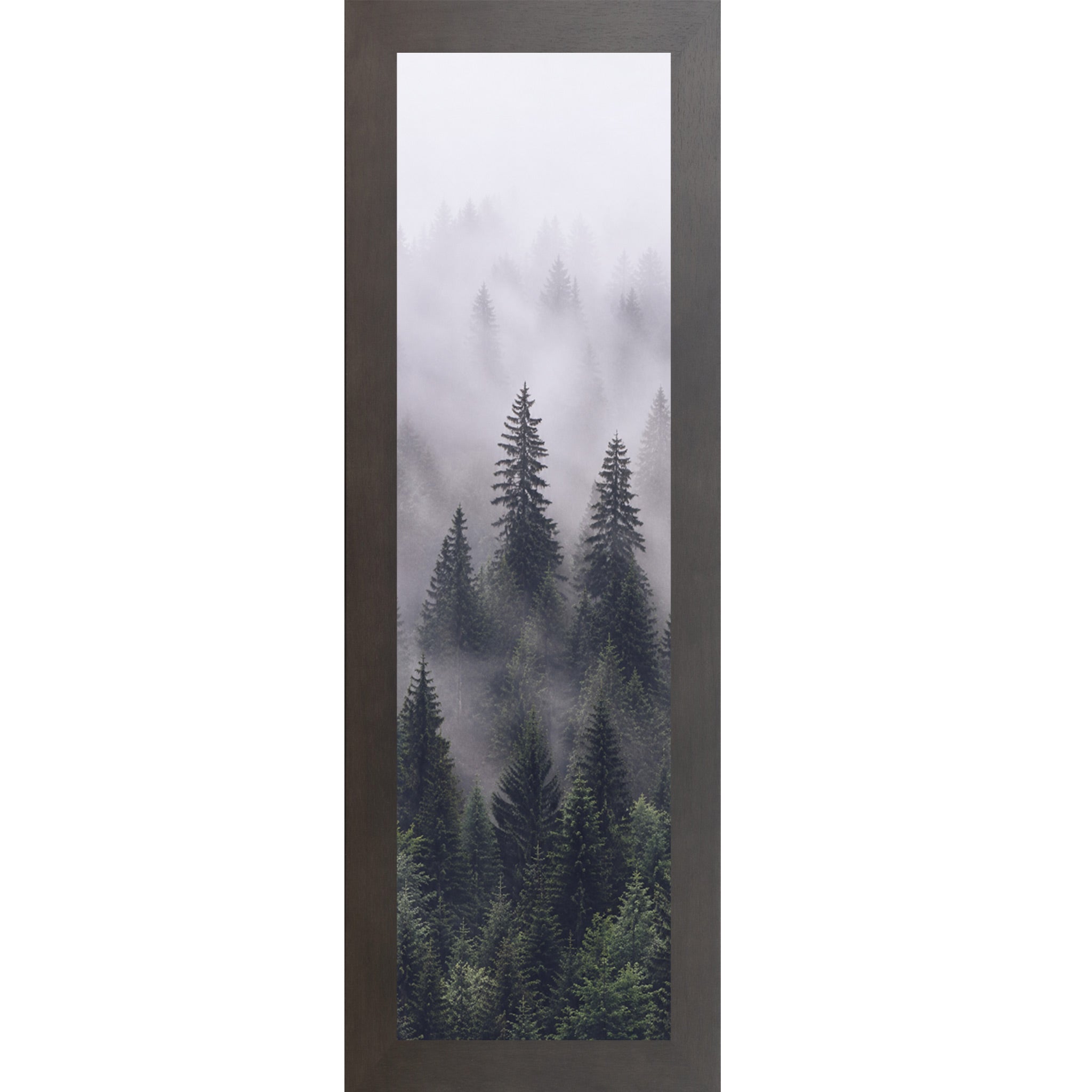 Slatewood framed narrow portrait nature wall art featuring two sentinel pine trees rising through rolling mountain fog with dense green canopy below fading into pale misty white above