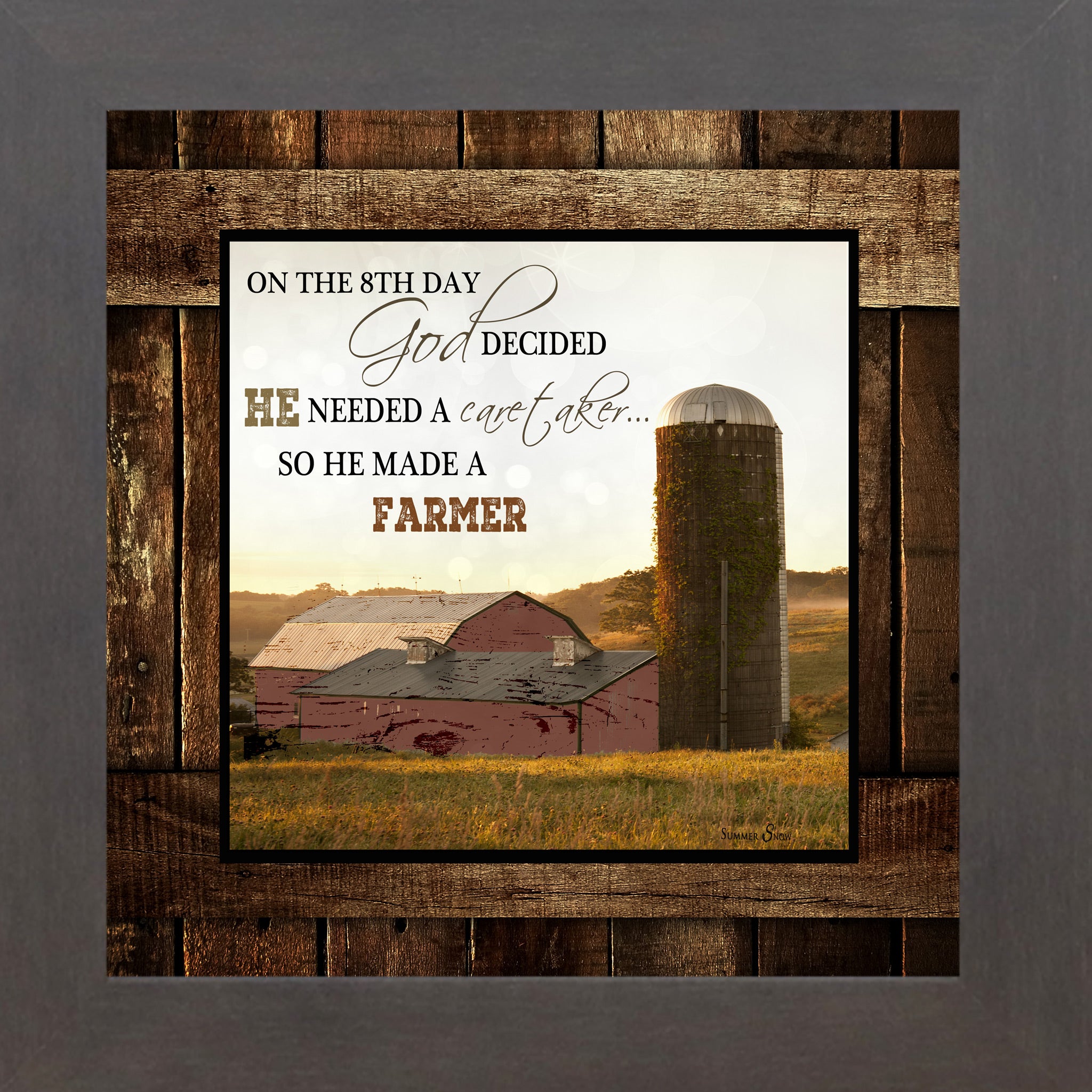 Slatewood framed square farmhouse wall art with On The 8th Day God Made A Farmer quote over red barn and ivy silo at golden sunrise on rustic barn wood background