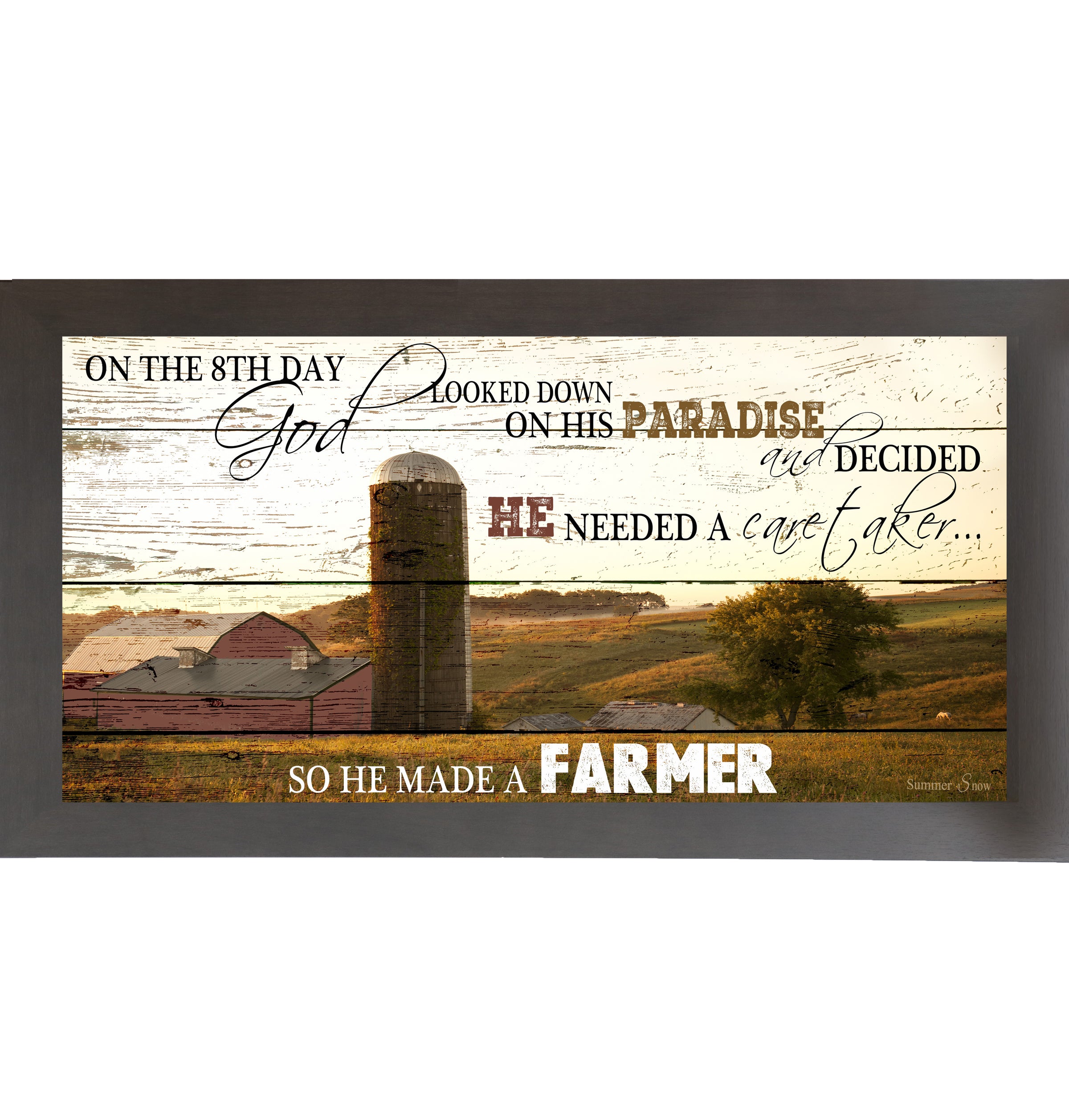Slatewood framed wide panoramic farmhouse wall art featuring a red barn and silo on pallet wood background with the full quote On The 8th Day God Looked Down On His Paradise And Decided He Needed A Caretaker So He Made A Farmer