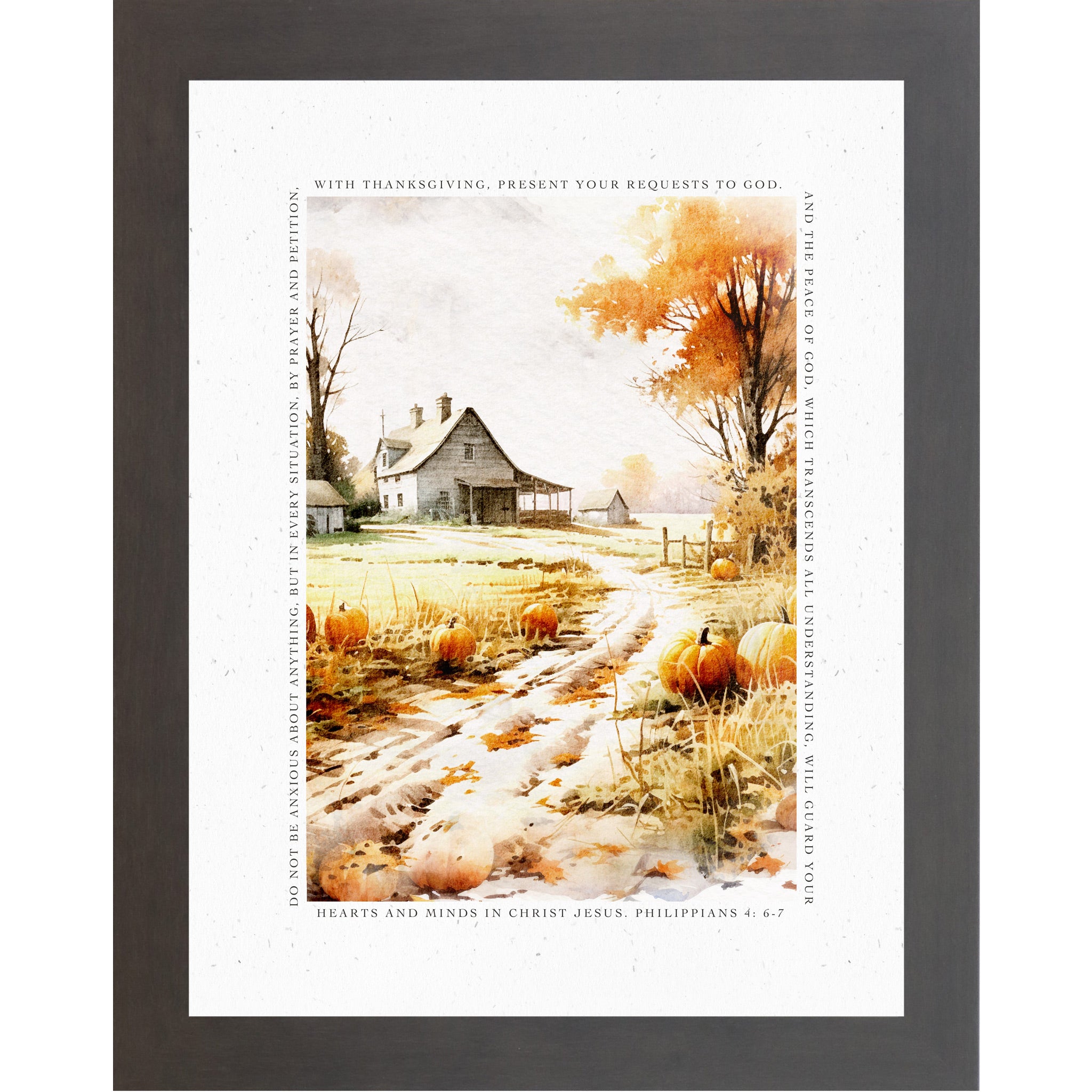 Slatewood framed portrait fall scripture wall art featuring watercolor farm lane with pumpkins and old barn surrounded by complete Philippians 4:6-7 verse border — SN390