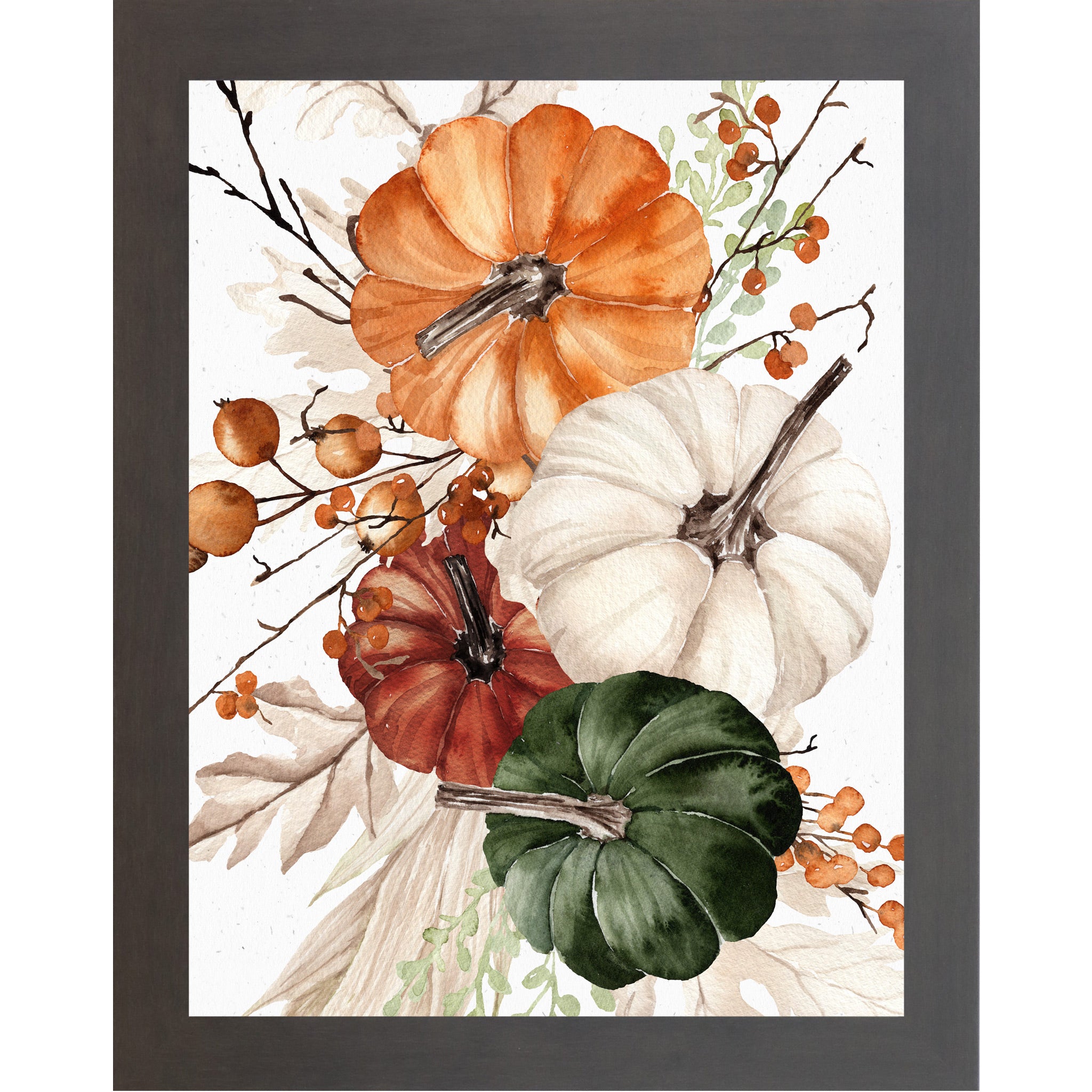 Slatewood framed portrait fall wall art featuring watercolor orange white burgundy and green pumpkins with dried berries and neutral foliage — Pumpkin Bouquet SB252 right panel