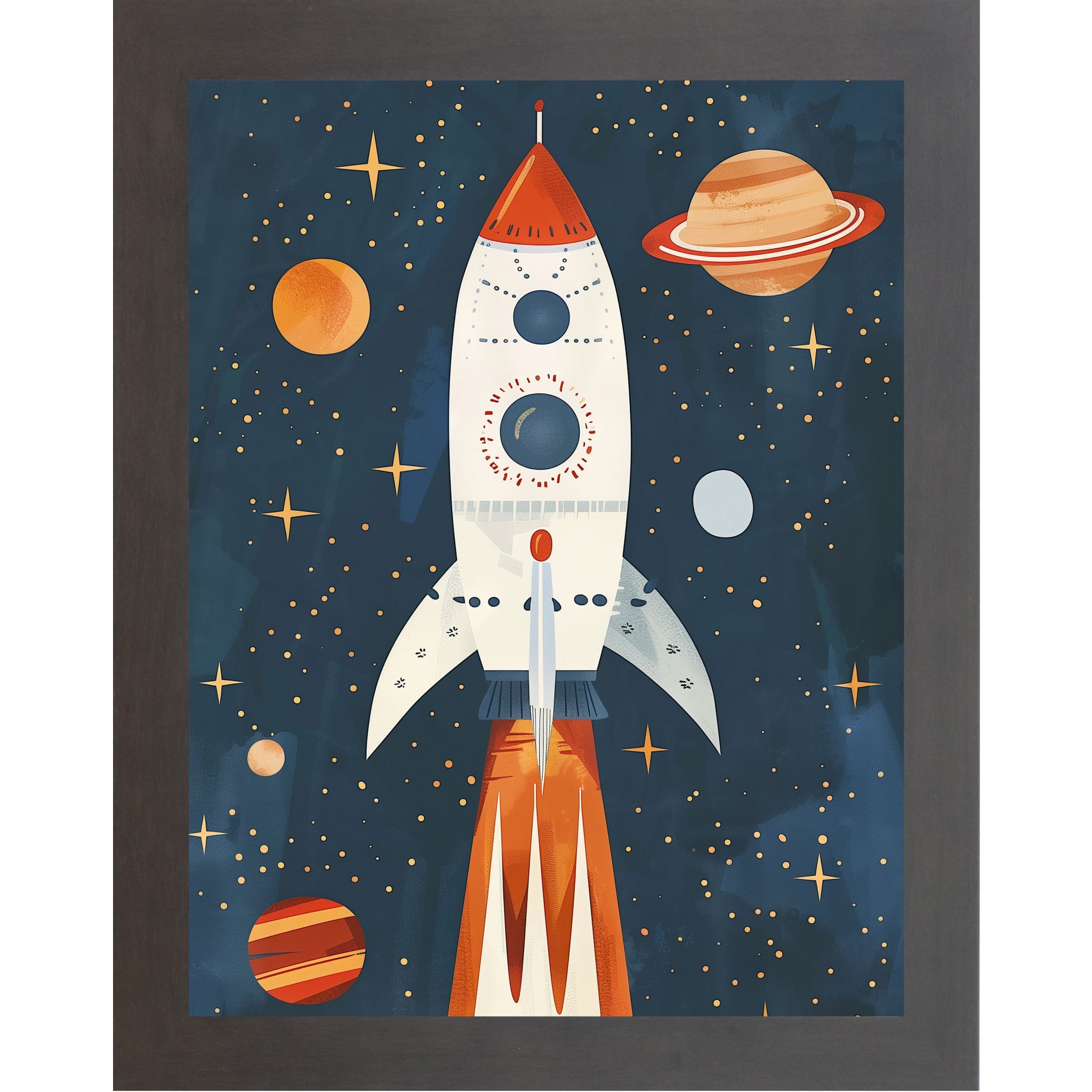 Slatewood framed portrait space wall art featuring a vivid rocket ship blasting off through a star-filled navy sky with glowing planets — SB265