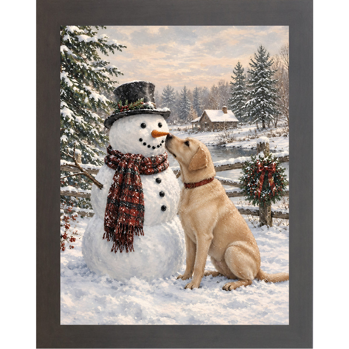 Slatewood framed portrait heritage Christmas wall art featuring a yellow Labrador nosing a top-hatted snowman in a plaid scarf against a snowy countryside scene