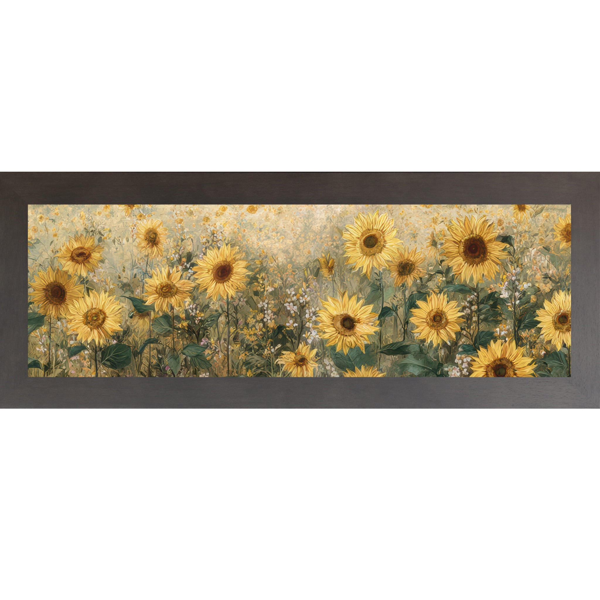 Slatewood framed wide landscape sunflower wall art featuring a golden field of sunflowers with deep brown centers, lush green leaves, and scattered white wildflowers against a warm aged background