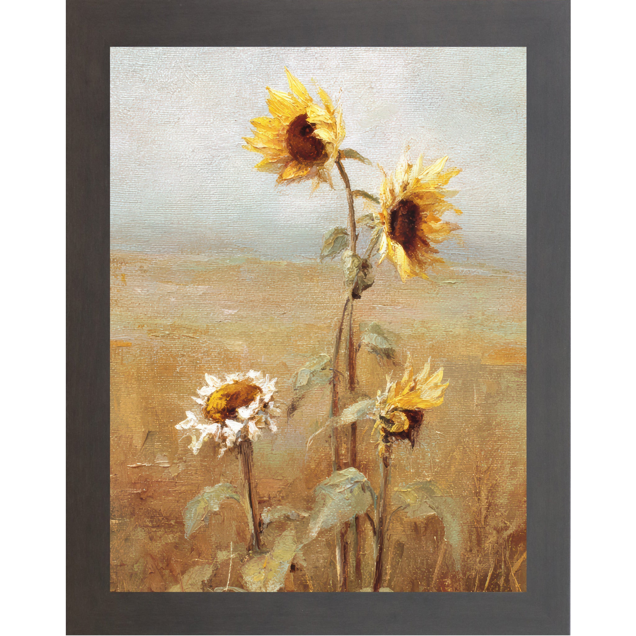 Slatewood framed vertical farmhouse wall art featuring four sunflowers in expressive oil painting style with thick brushstrokes against a soft blue-gray sky and golden wheat field