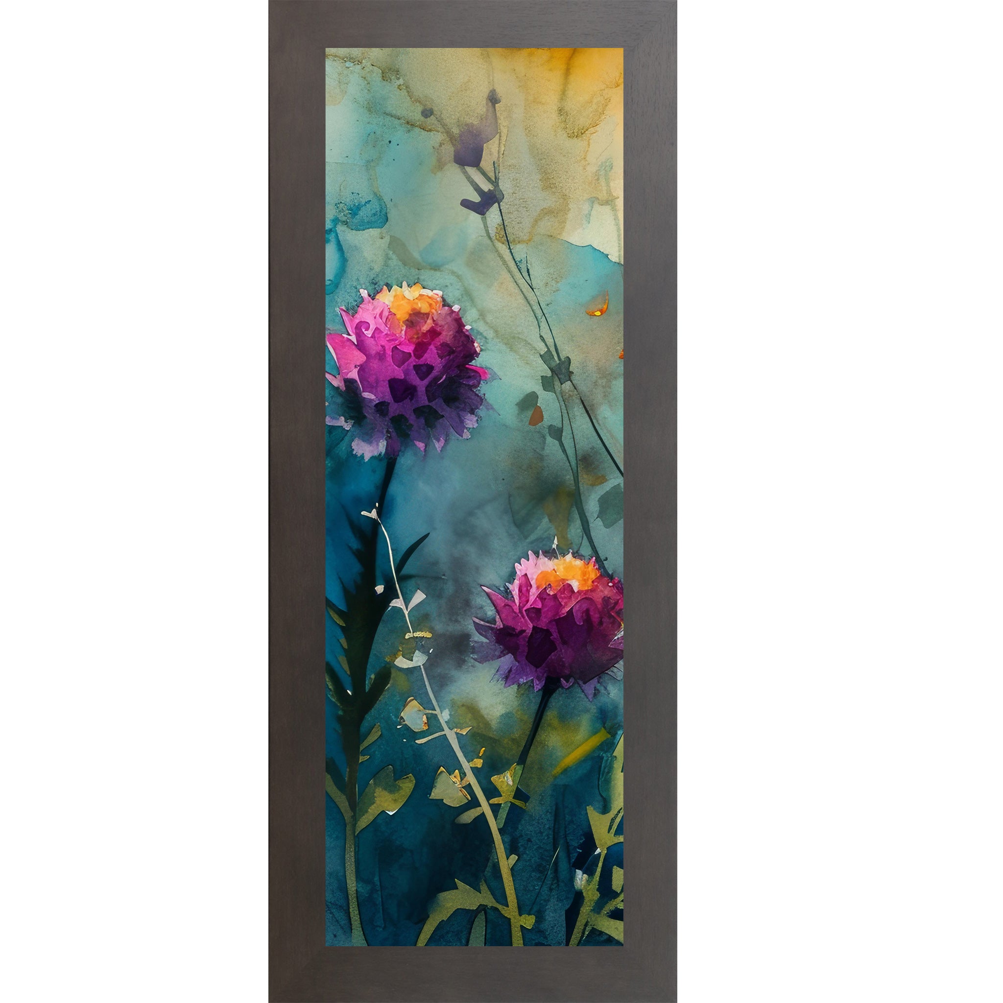 Slatewood framed narrow portrait watercolor wildflower wall art with two bold purple-magenta blooms against a deep teal and gold background
