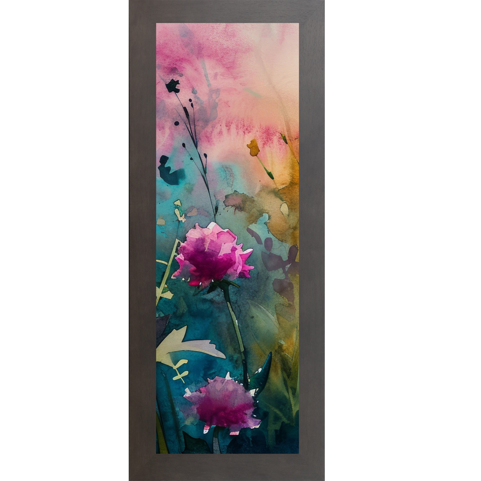 Slatewood framed narrow portrait watercolor wildflower wall art with a large open magenta peony against a hot pink teal and orange background with dramatic ink-style stems