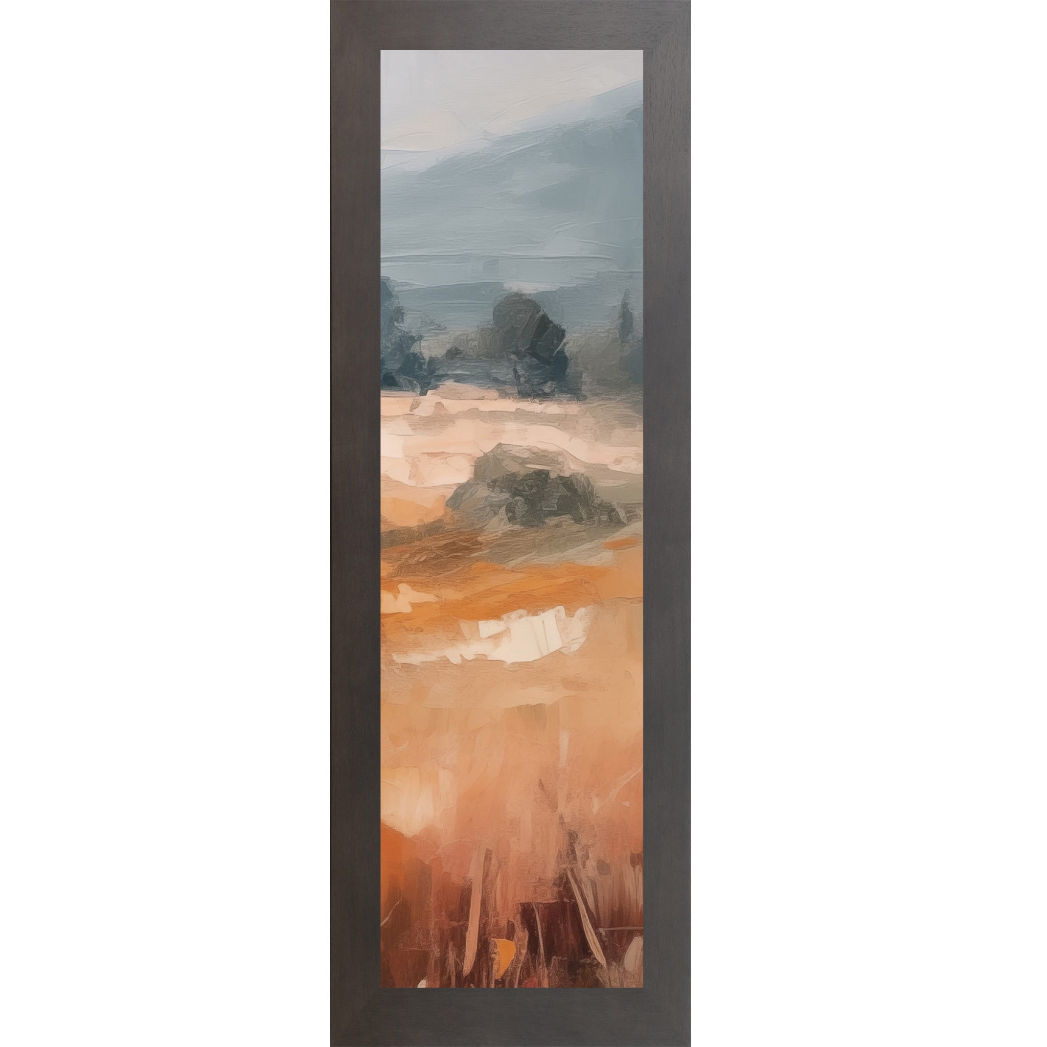 Slatewood framed narrow portrait abstract terracotta landscape wall art with rich amber and orange field dark trees in midground and dramatic blue-grey sky